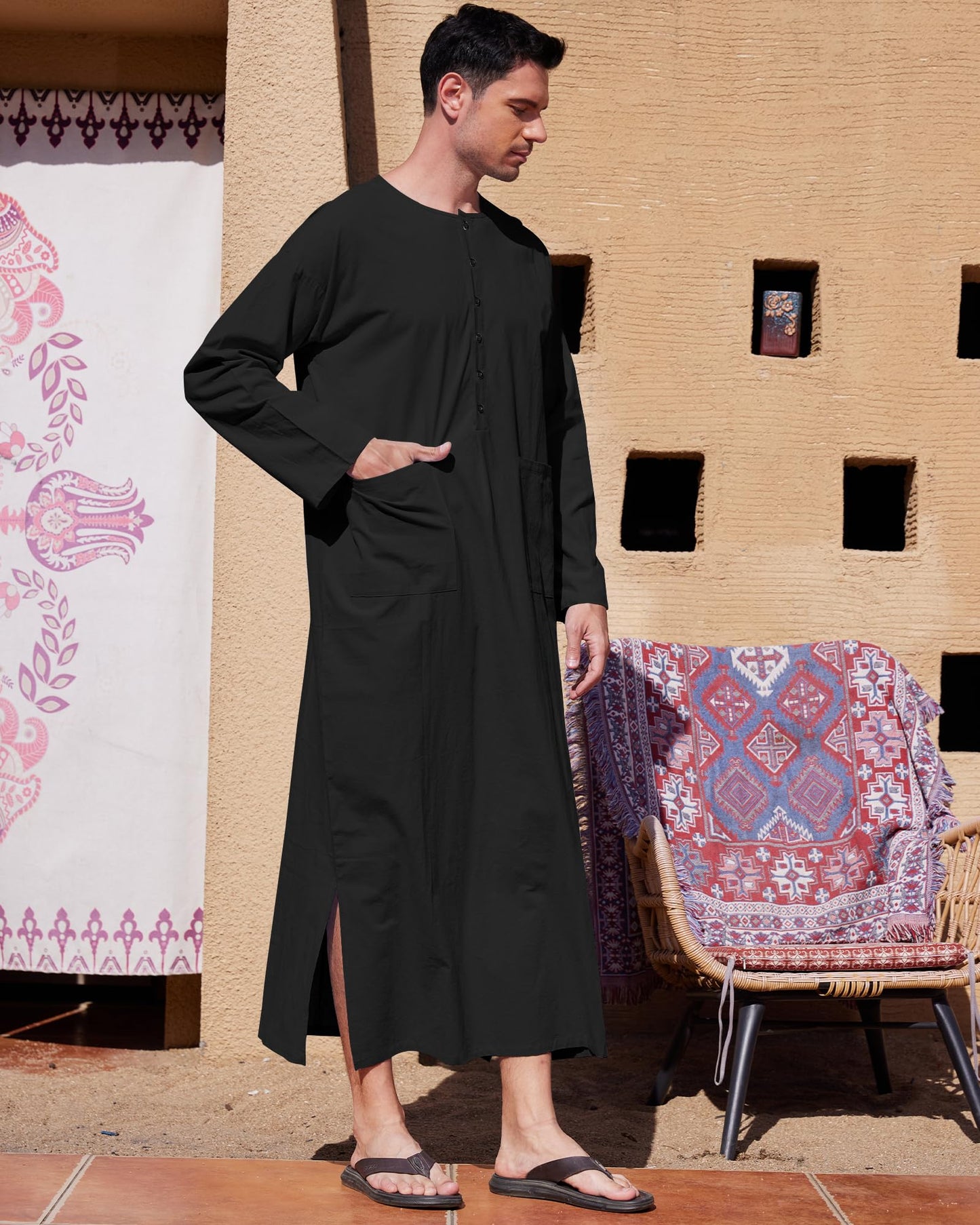 YAOHUOLE Men's Muslim Thobe Long Sleeve Caftan Side Split Kaftan Long Gown Thobe with Pockets Black M