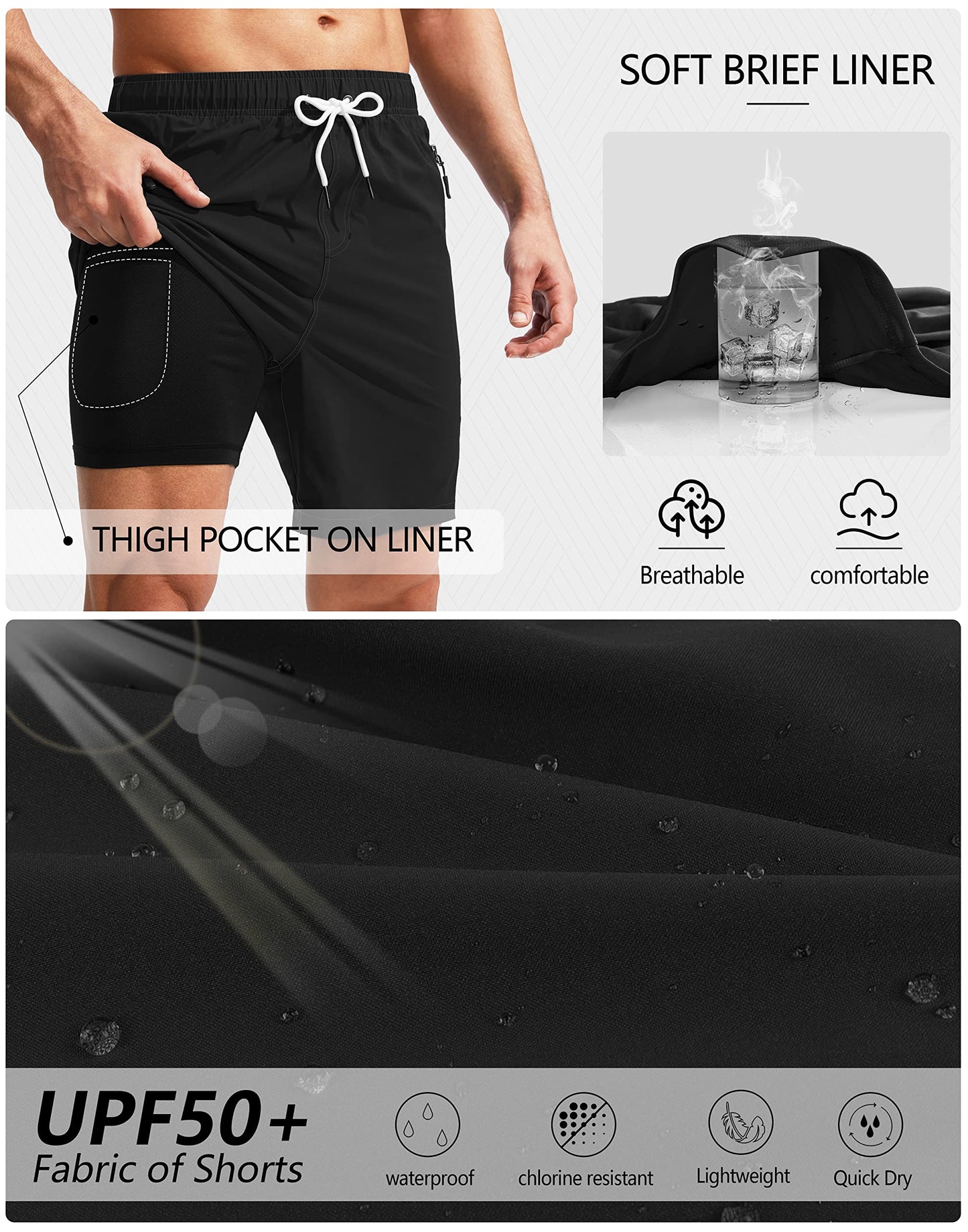 Viodia Men's Swim Trunks with Compression Liner Quick Dry Board Shorts Swimsuit Swimwear for Men with Zipper Pockets Black