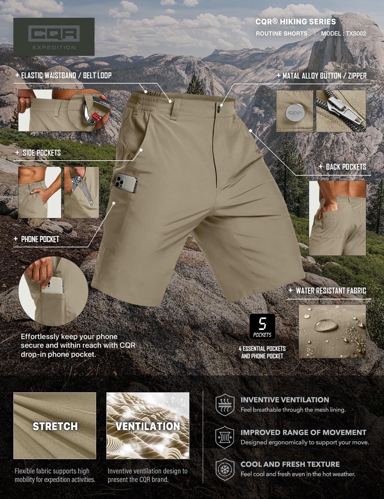 CQR Men's Quick Dry Stretch Hiking Cargo Shorts, Lightweight Water Resistant Tactical Casual, Golf & Outdoor with Pockets, Routine Sandstorm, 34W x 10L