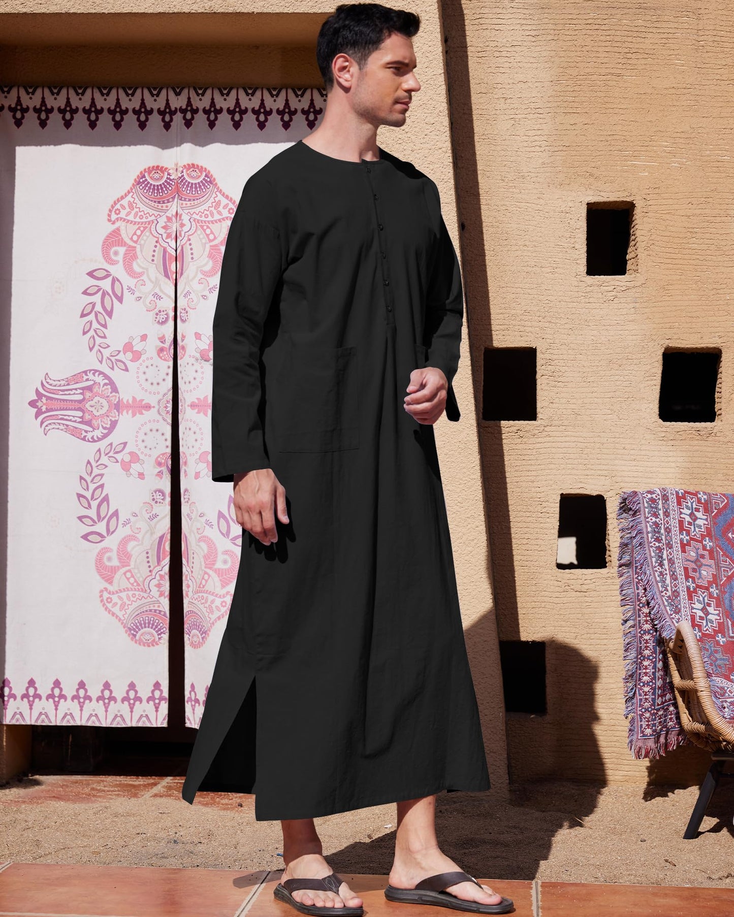 YAOHUOLE Men's Muslim Thobe Long Sleeve Caftan Side Split Kaftan Long Gown Thobe with Pockets Black M