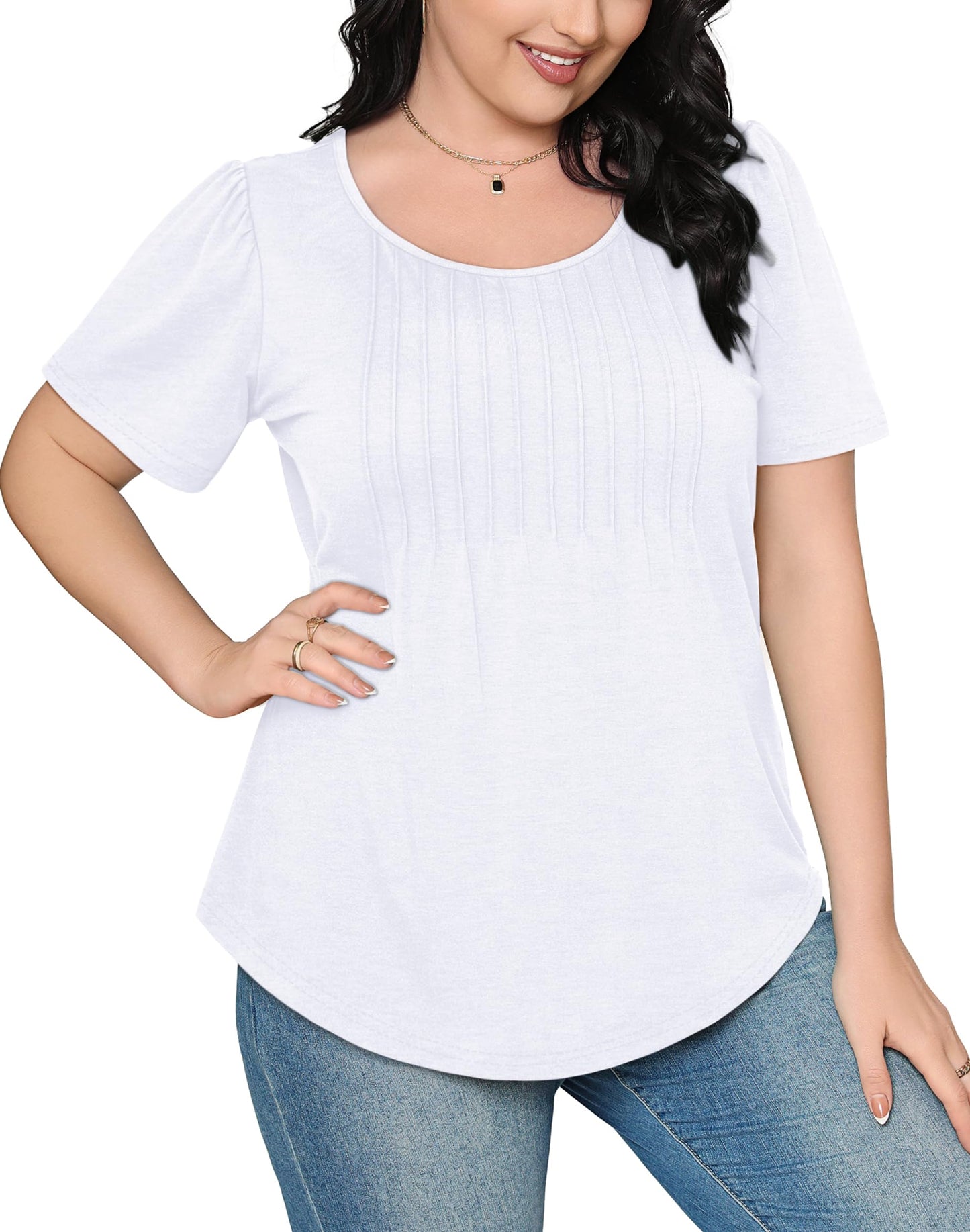 Womens T Shirts Summer Pleating Round Neck Short Sleeve Plain Tops White XL