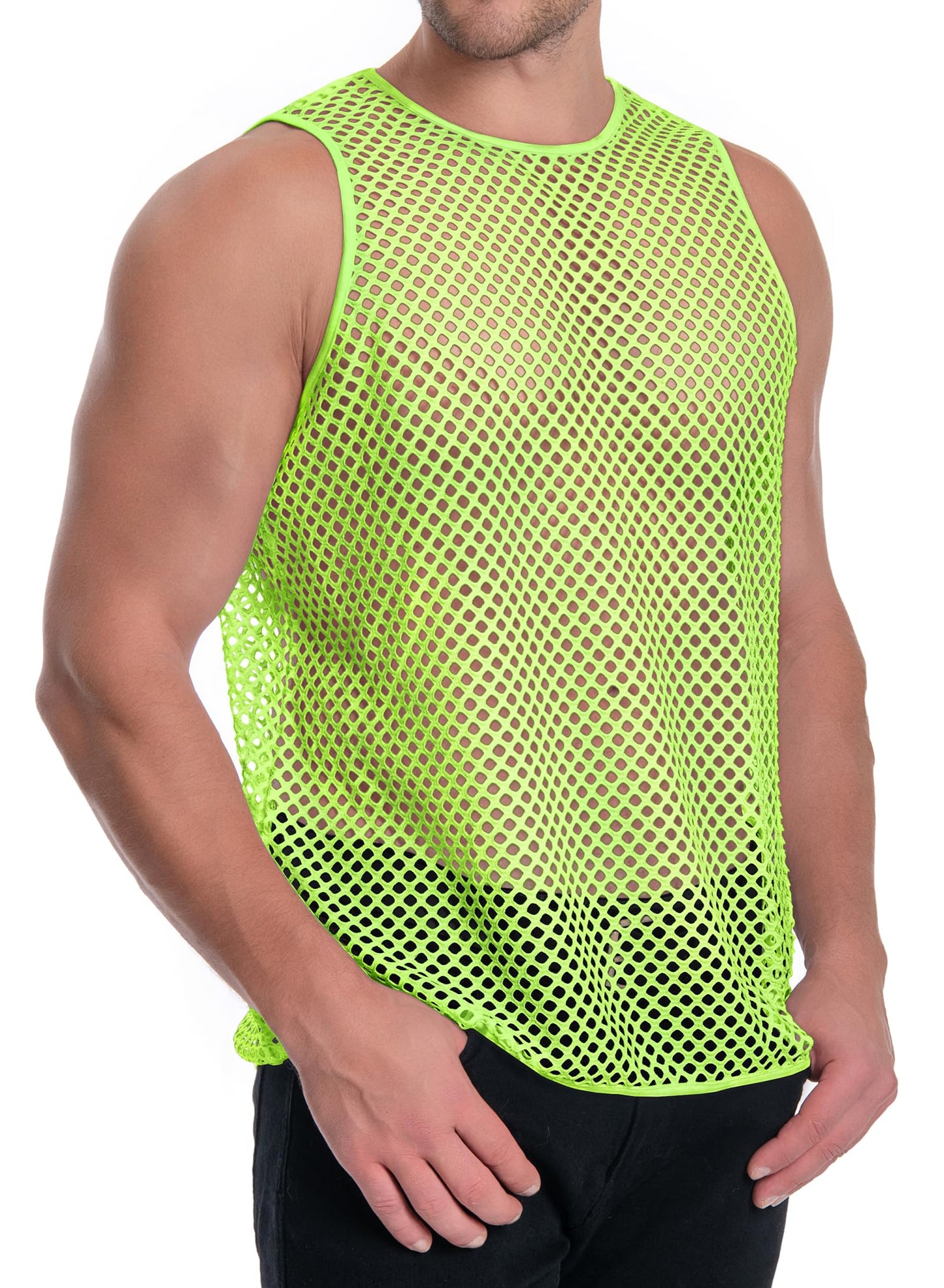 Mesh Fishnet Tank Tops See Through Sleeveless Muscle Rave Shirts for Men(Fluorescent Green,L)