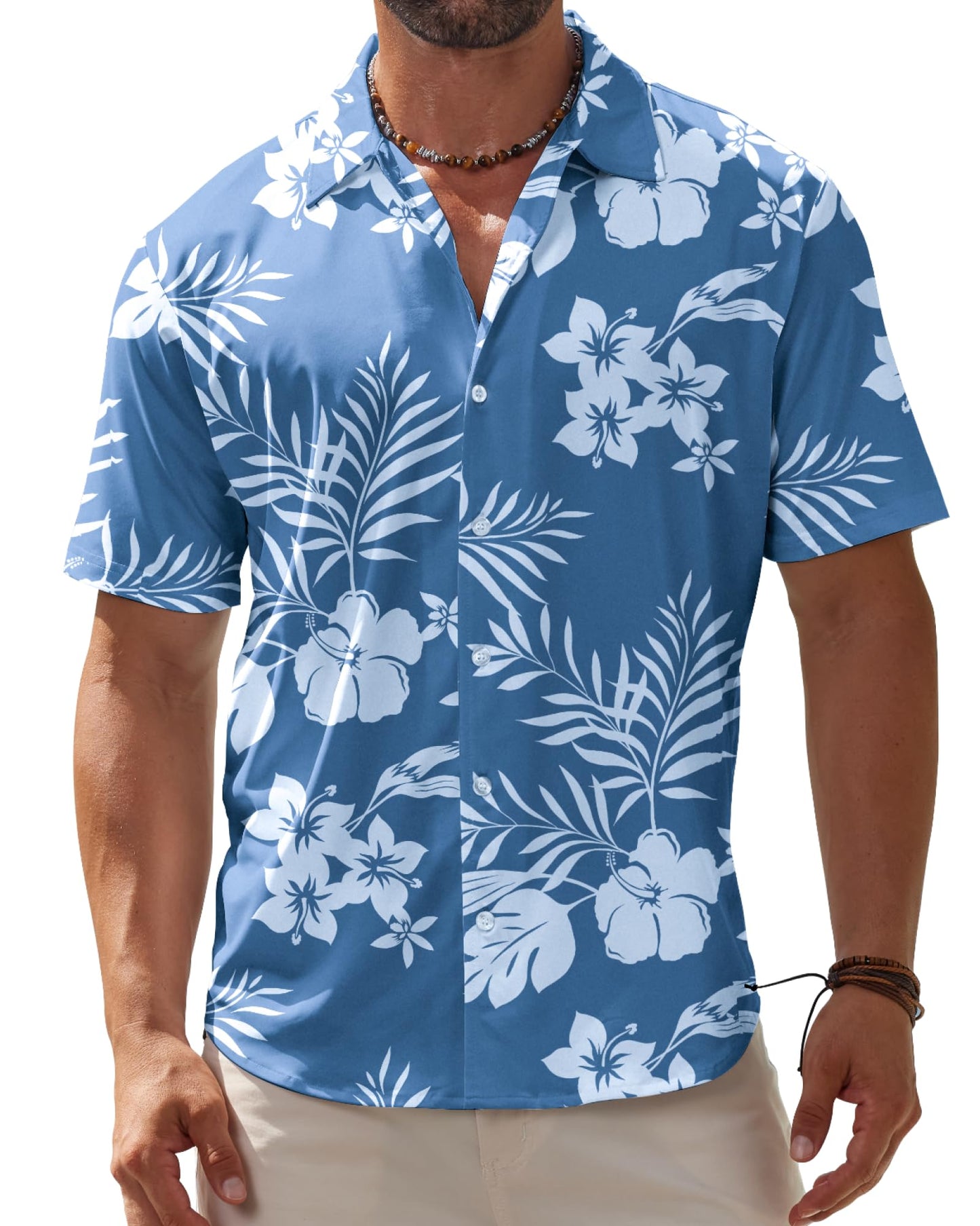 BOJIN Men's Hawaiian Wrinkle Free Short Sleeve Button Down Tropical Floral Beach Vacation Shirt White Flower Blue L