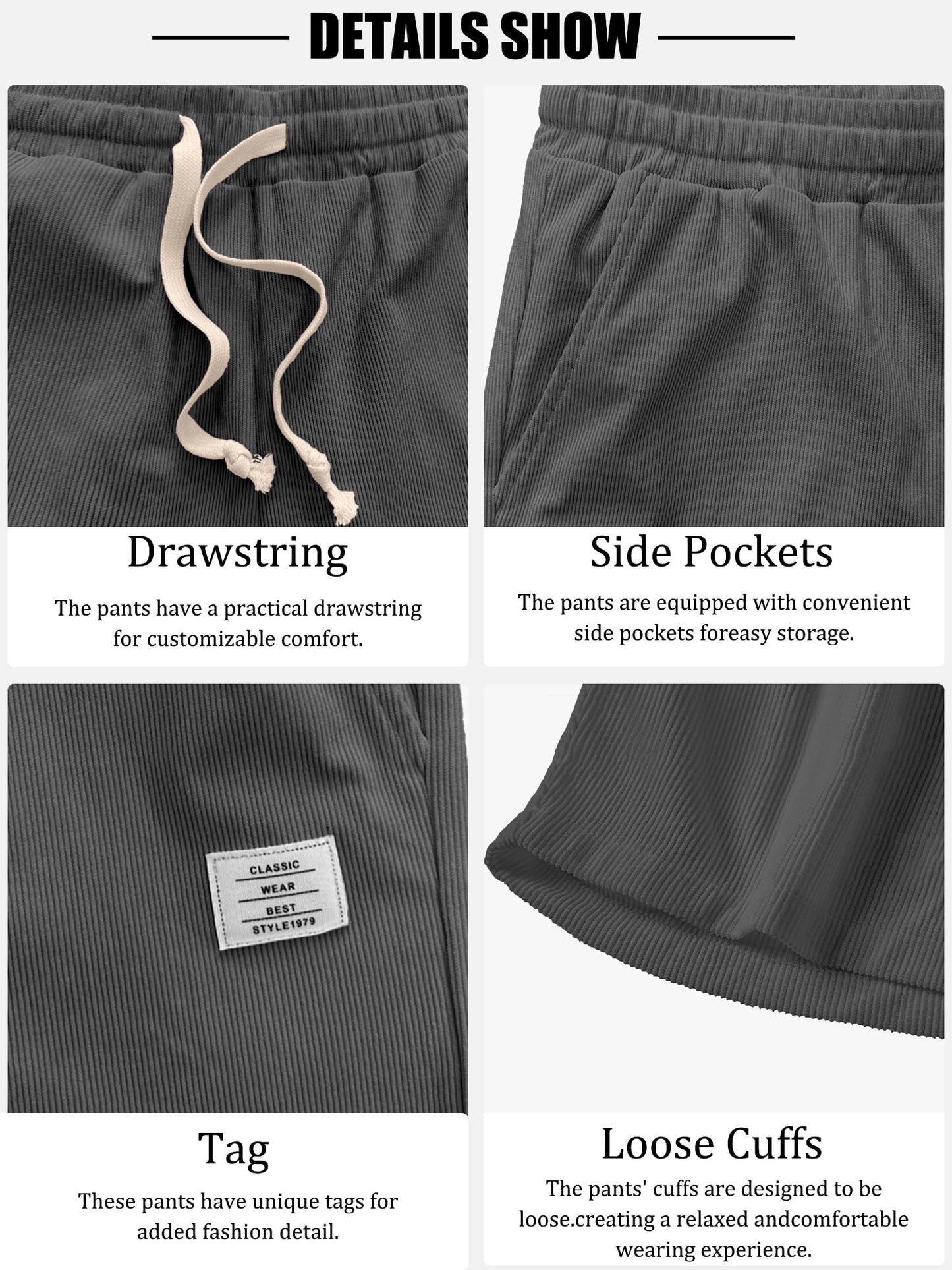 PLEPAN Mens Corduroy Drawstring Shorts Casual Summer Beach Short 7 inch Inseam Grey Large