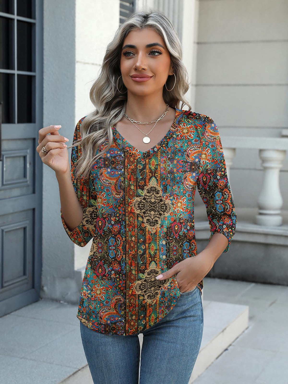 Zeagoo Women's V Neck 3/4 Sleeve Tops Casual Pullover T Shirts Summer Basic Tees Loose Cute Tunic Blouses Workout Top