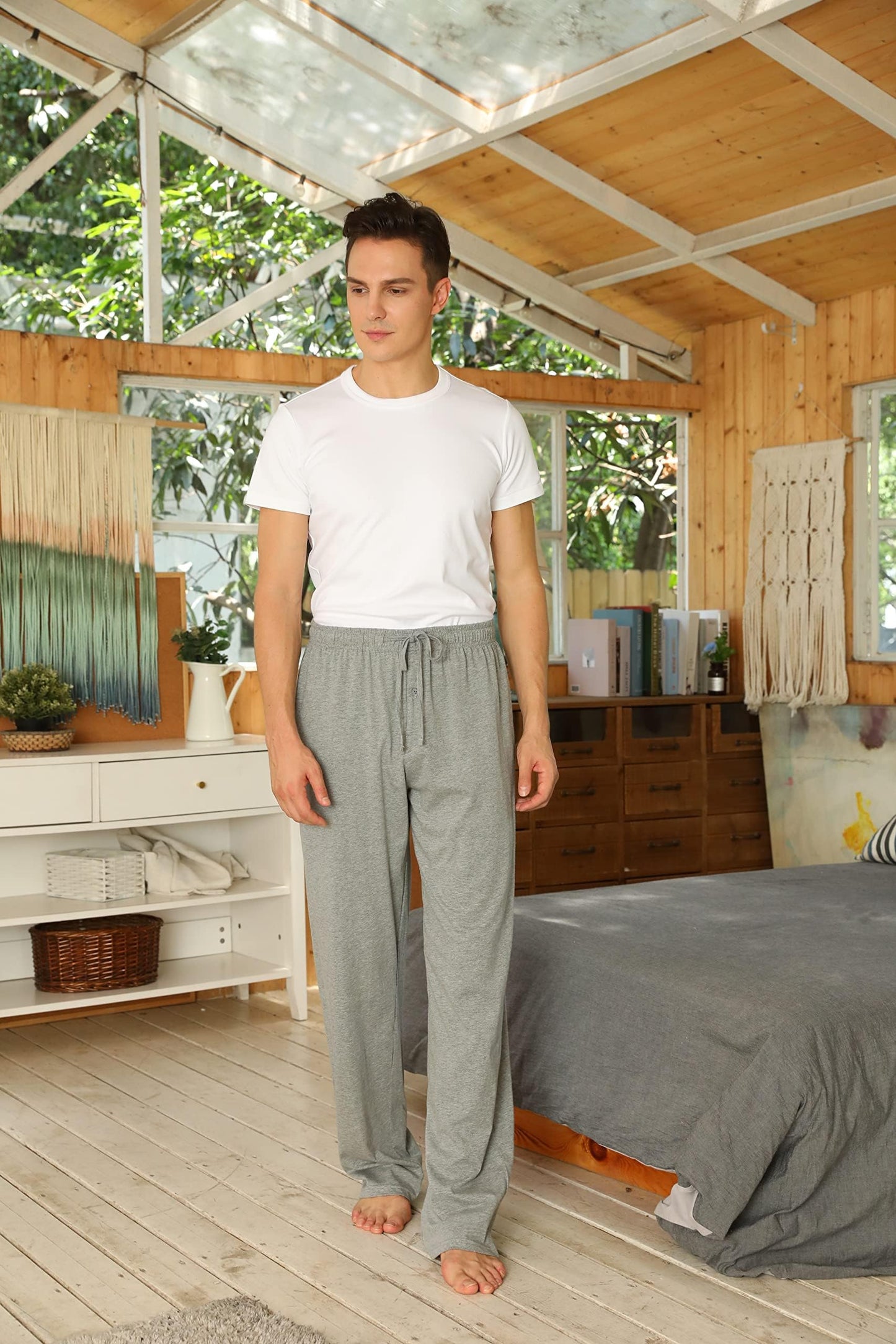 U2SKIIN Mens 100% Cotton Pajama Pants, Lightweight Soft Lounge Pant with Pockets Sleep Pj Bottoms for Men(Light Grey Mel, L)