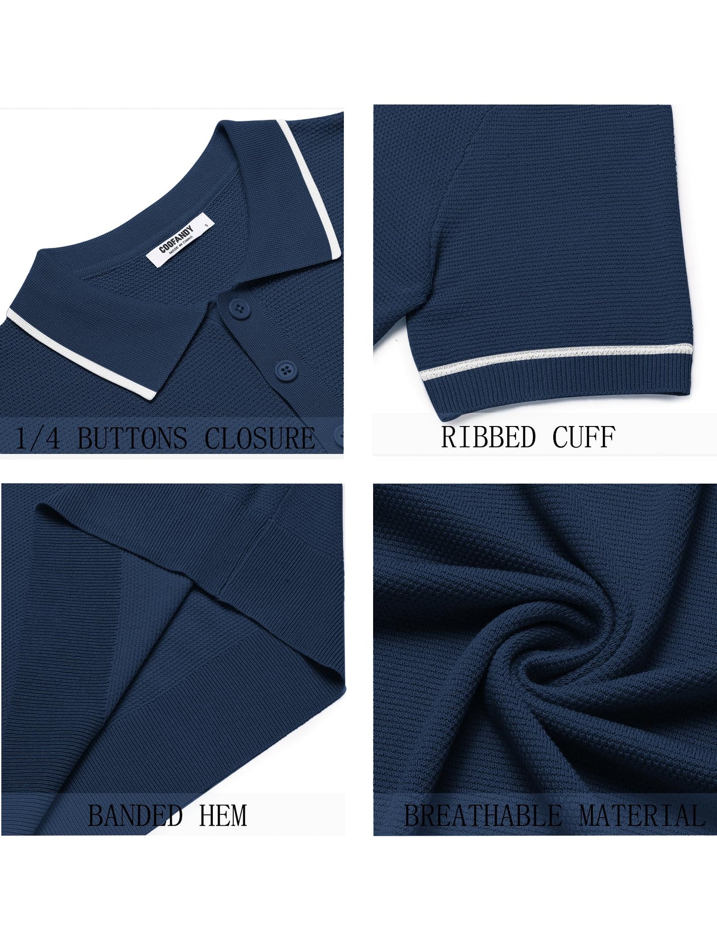 COOFANDY Mens Knit Polo Shirt Crochet Short Sleeve Quarter Button Shirts Vintage Waffle Classic Golf Shirts Navy Blue