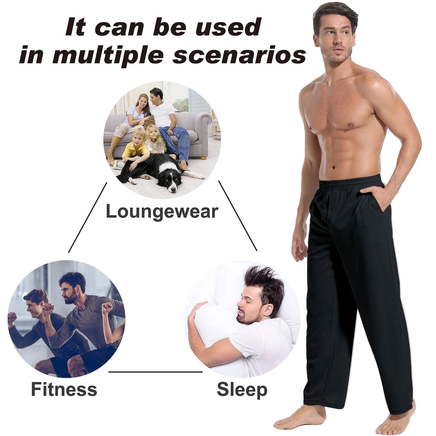 Inner Wish Men's Pajama Pant, Soft Mens Lounge Pants Sleep Bottoms with Pockets Drawstring, BLACK,L