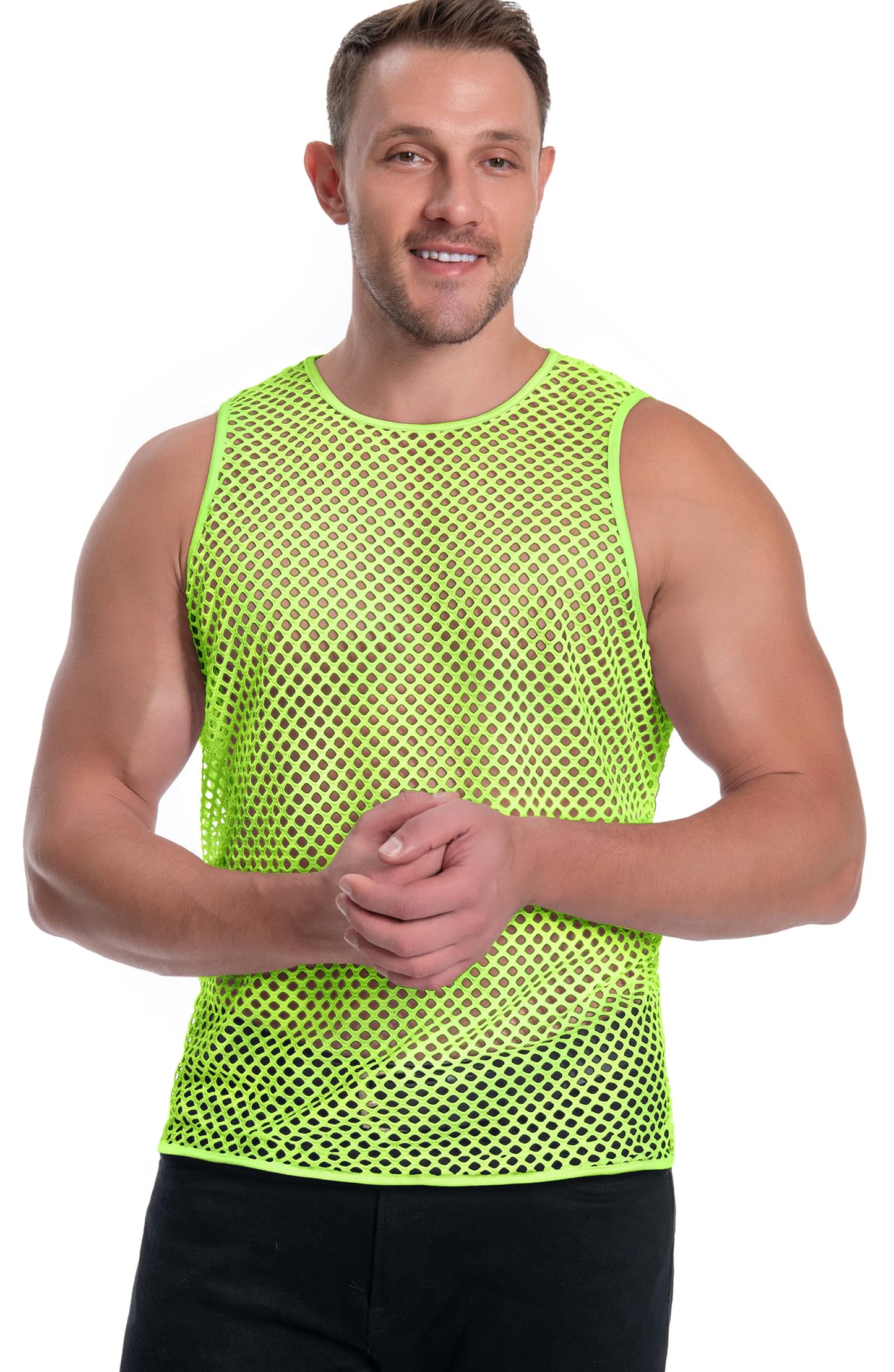 Mesh Fishnet Tank Tops See Through Sleeveless Muscle Rave Shirts for Men(Fluorescent Green,L)