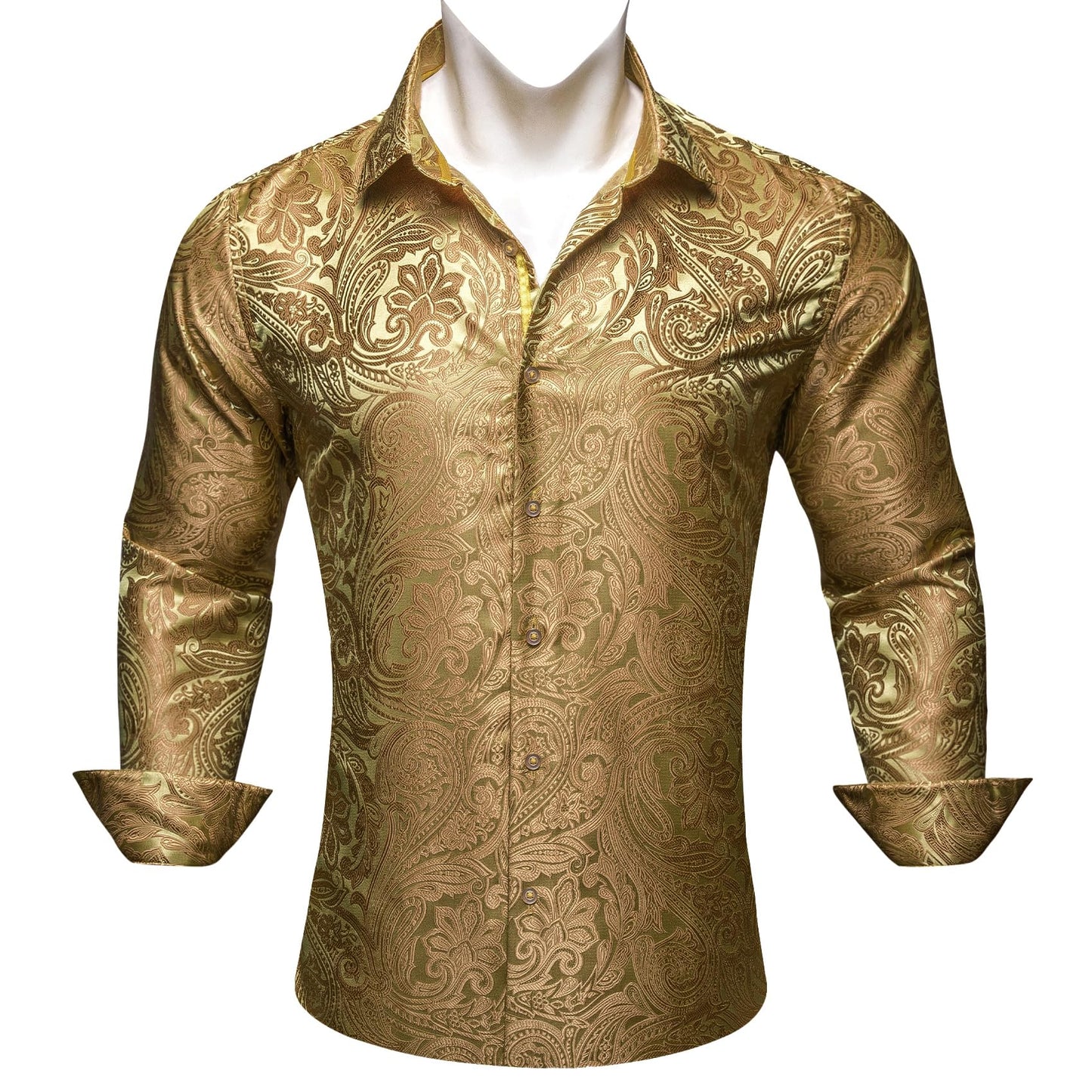 Barry.Wang Gold Men Shirt Silk Paisley Long Sleeve Button Down Dress Shirt Vintage Cowboy Casual Western Designer