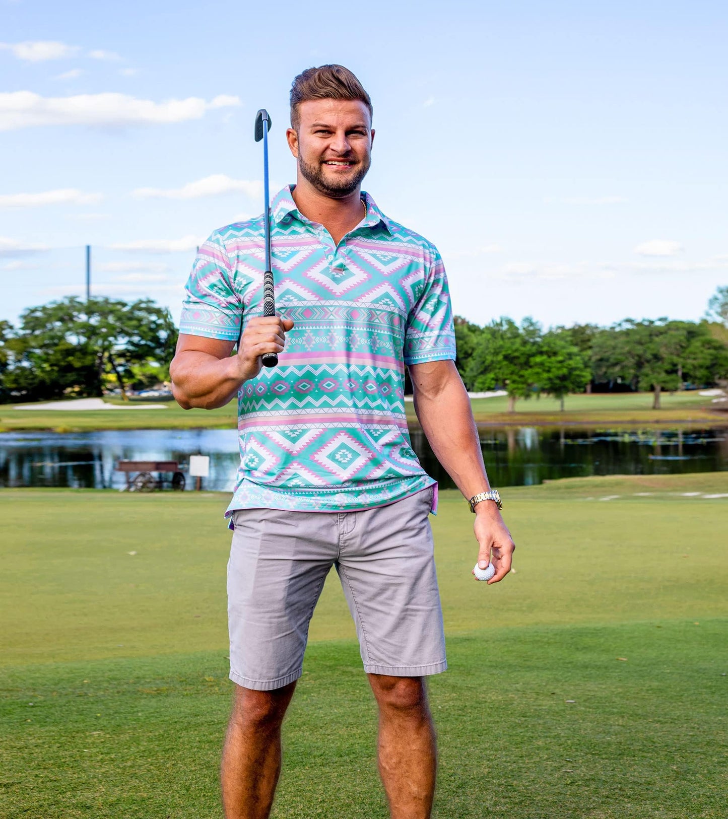 uideazone Mens Golf Shirts Short Sleeve Dry Fit Polo Shirt Ethnic Style Printed Turn-Down Collar Casual Comfortable Fitness Top Tees