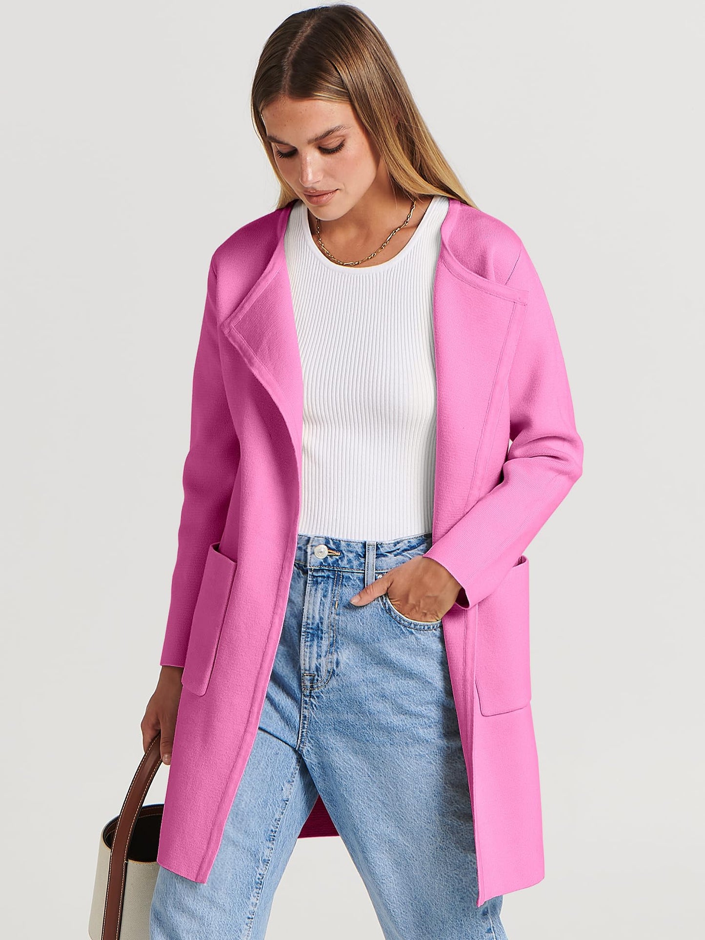 ANRABESS Women's Open Front Knit Lightweight Cardigan Casual Long Coatigan Sweater Lady Jacket Coat 2024 Fall Outerwear Rose Medium