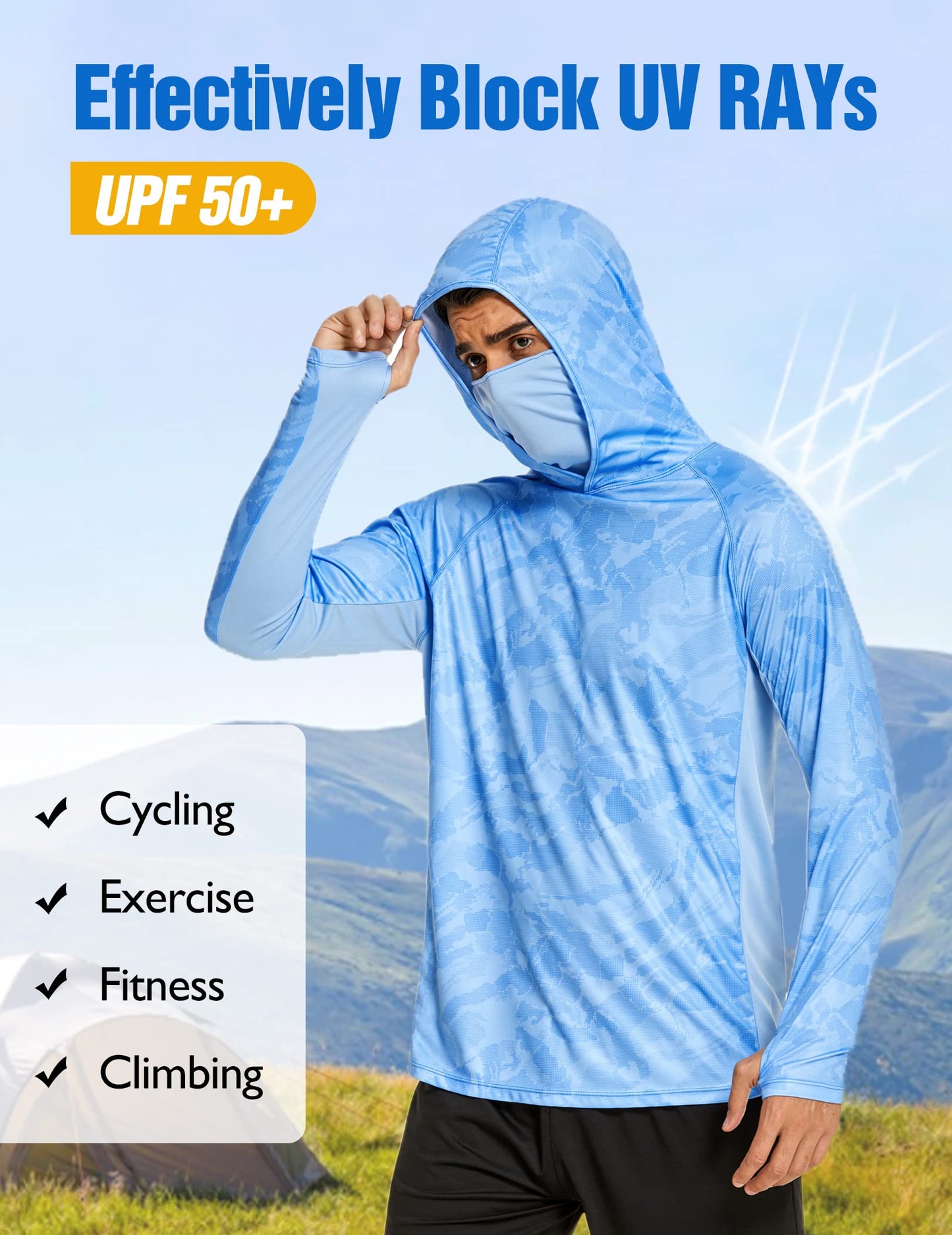 COOrun Men's Hooded Sun Shirts with Mask Fishing Shirts for Men Long Sleeve UPF 50 Rash Guards Cooling Hoodies Hiking Shirts Blue