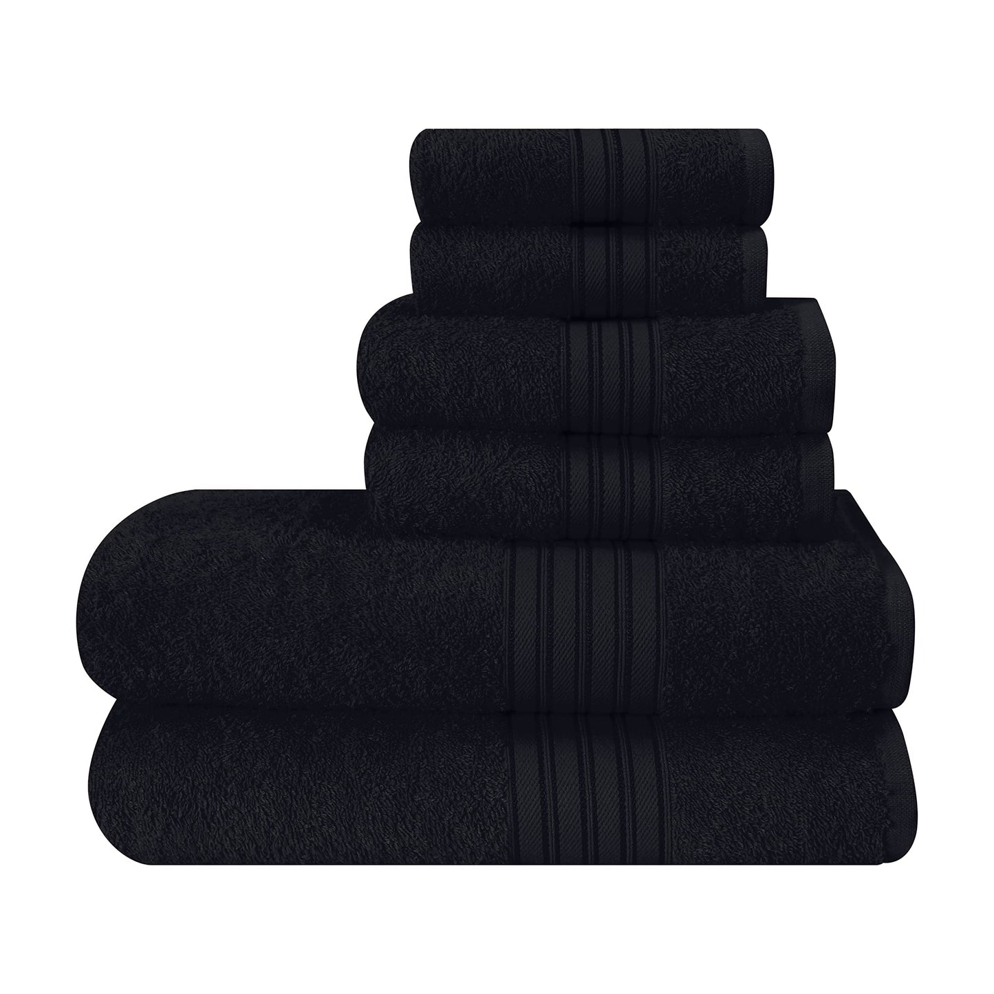 BOUTIQUO 6 Pack Cotton Towel Set, Contains 2 Bath Towels 28x55 inch, 2 Hand Towels 16x24 inch & 2 Wash Coths 12x12 inch, Ideal Everyday use, Ultra Soft Compact & Lightweight - Black