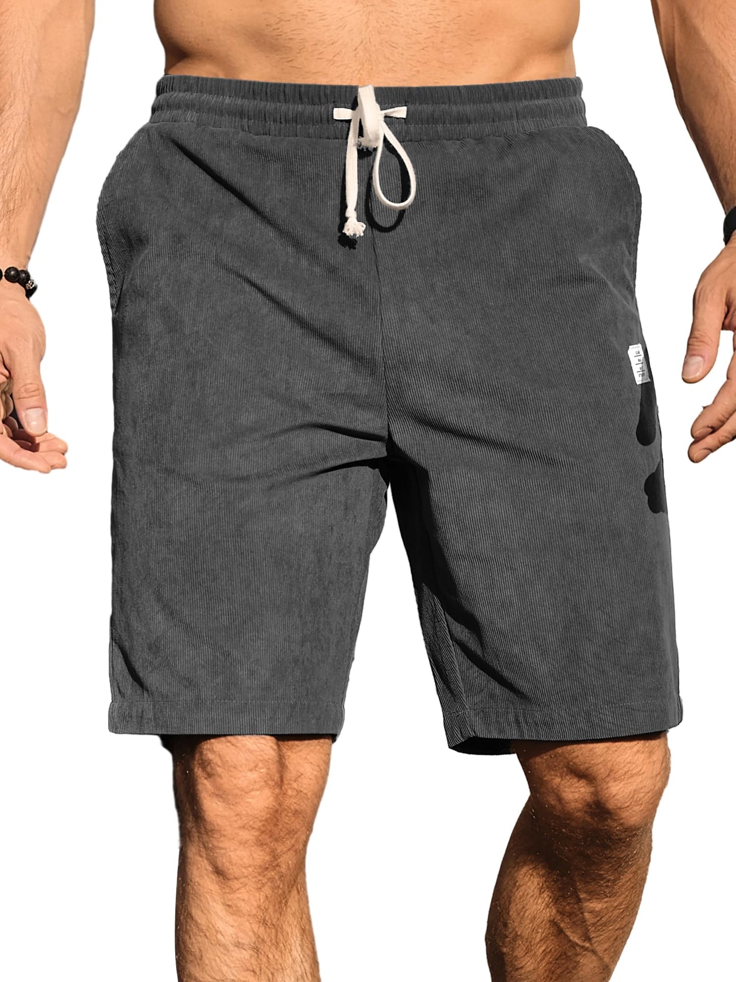 PLEPAN Mens Corduroy Drawstring Shorts Casual Summer Beach Short 7 inch Inseam Grey Large