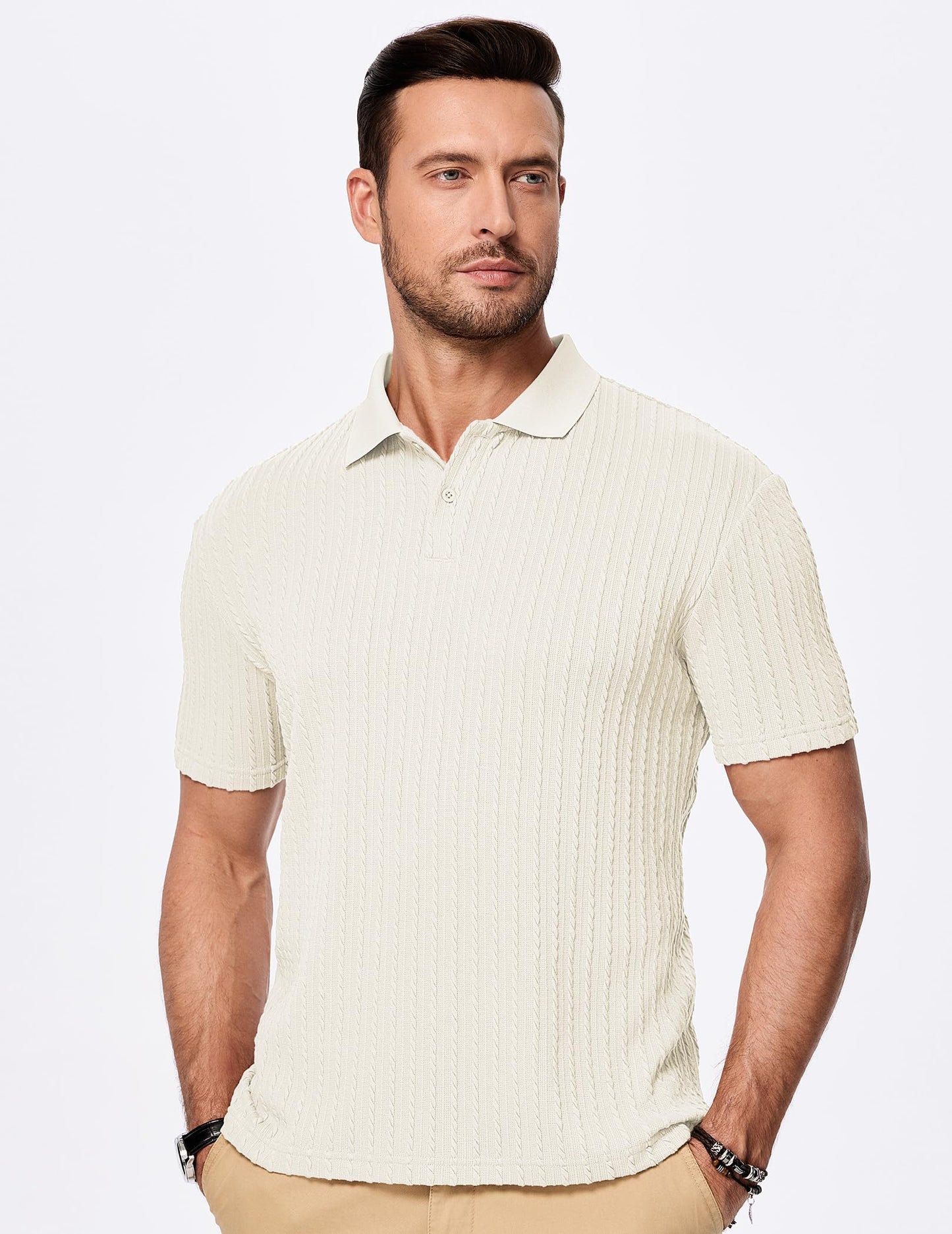 JMIERR Mens Polo Shirt Short Sleeve Casual Fashion Henley Shirts Button Down Knit Textured Men Gift, L, Beige