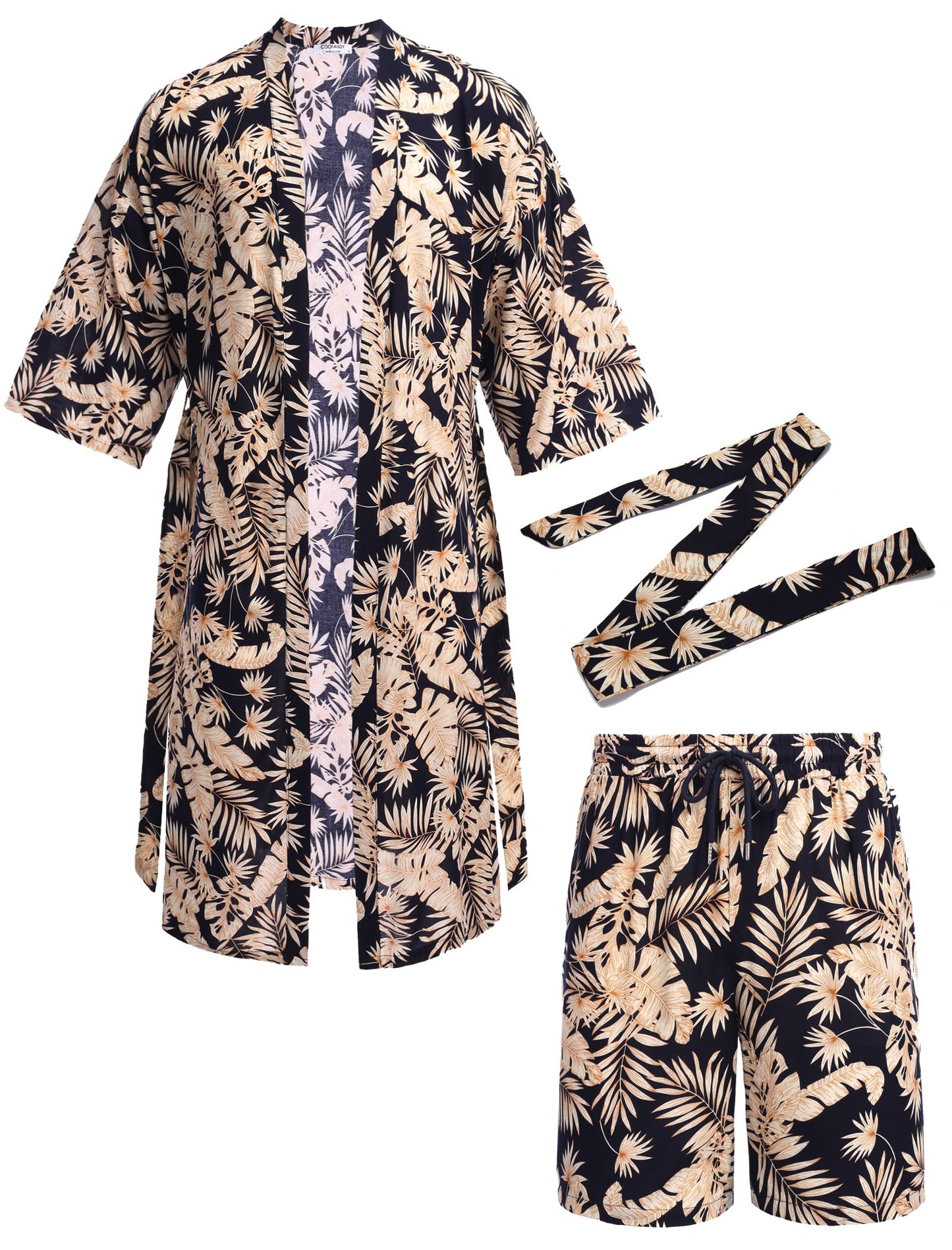 COOFANDY Swim Kimono Men Summer Robes Floral Kimono Robe Beach Shorts Set Japanese Robe Set Open Front Cardigan With Belt