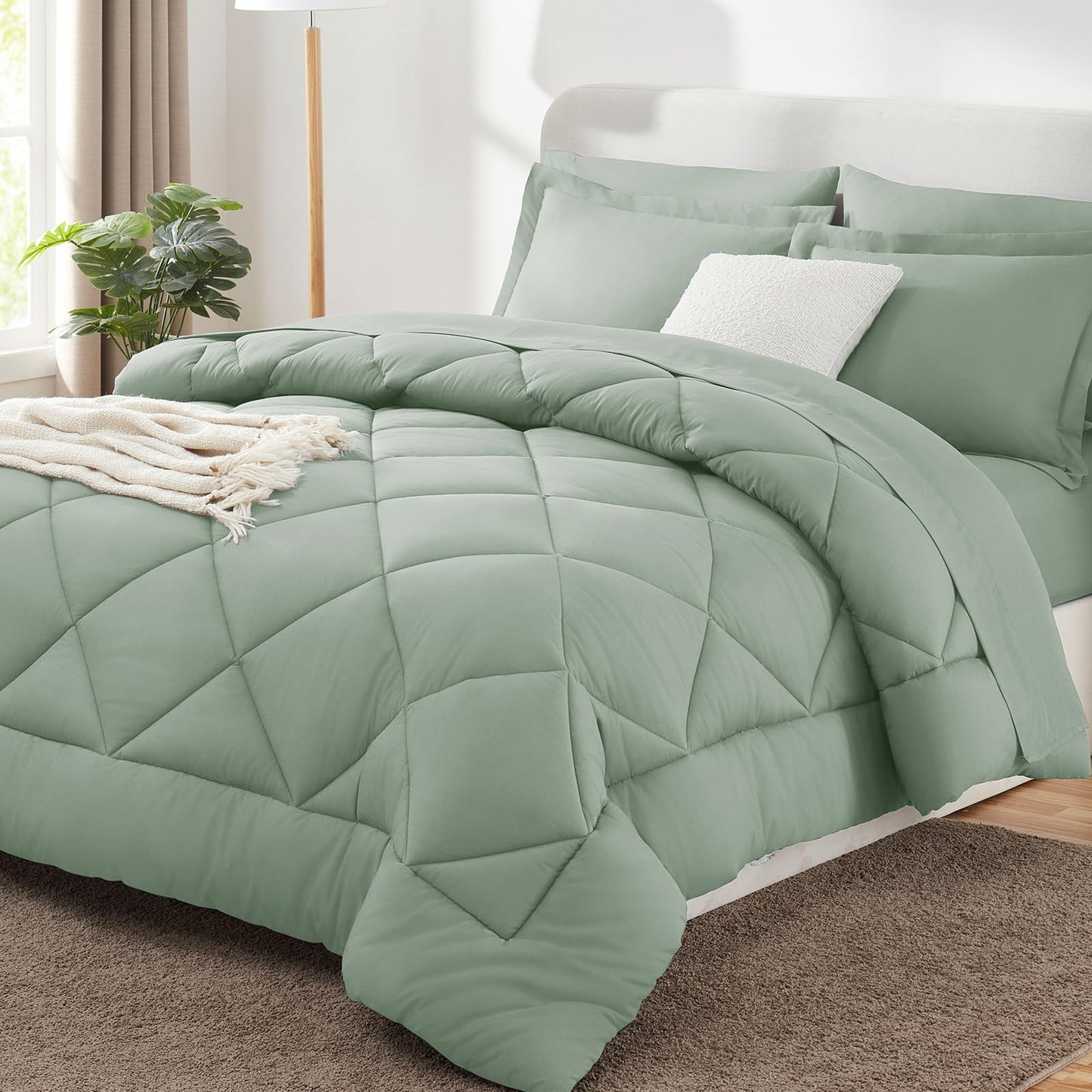 CozyLux Queen Comforter Set with 7 Pieces Bed in a Bag - Sage Green All Season Bedding with Comforter, Pillow Shams, Flat Sheet, Fitted Sheet and Pillowcases