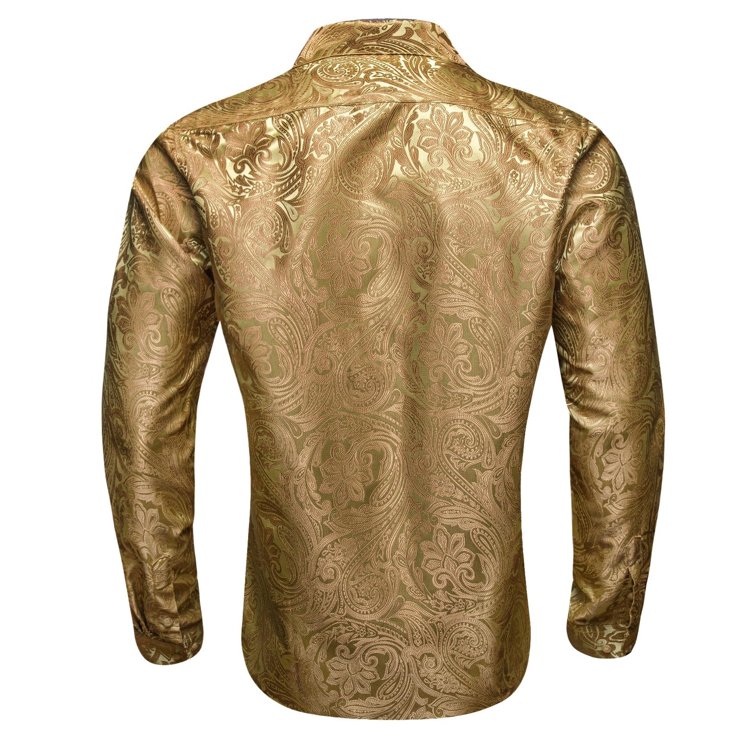 Barry.Wang Gold Men Shirt Silk Paisley Long Sleeve Button Down Dress Shirt Vintage Cowboy Casual Western Designer