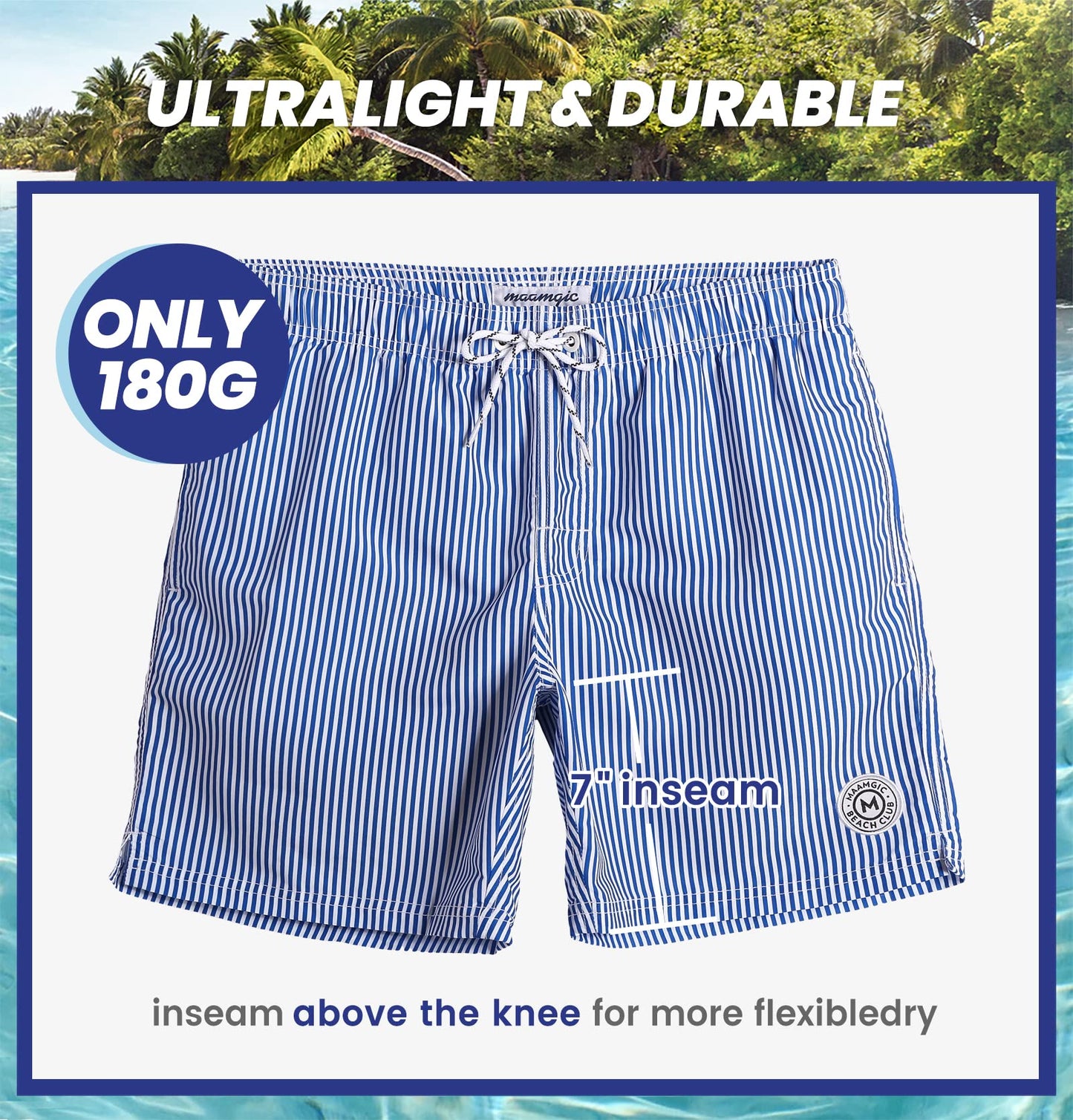 maamgic Mens Swim Trunks Quick Dry Swim Shorts with Mesh Lining Funny Swimwear Bathing Suits 7inch Blue Striped Medium