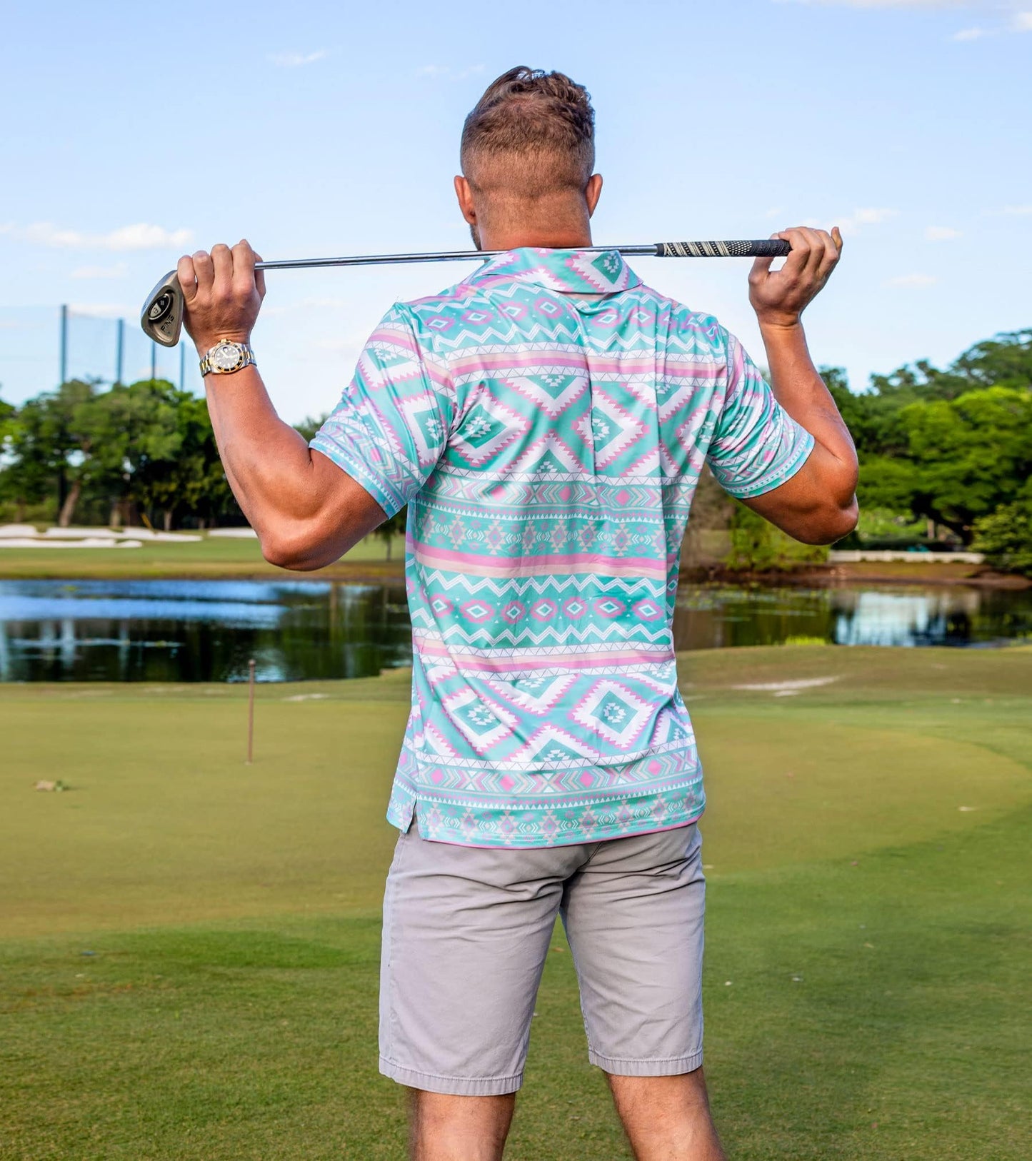 uideazone Mens Golf Shirts Short Sleeve Dry Fit Polo Shirt Ethnic Style Printed Turn-Down Collar Casual Comfortable Fitness Top Tees