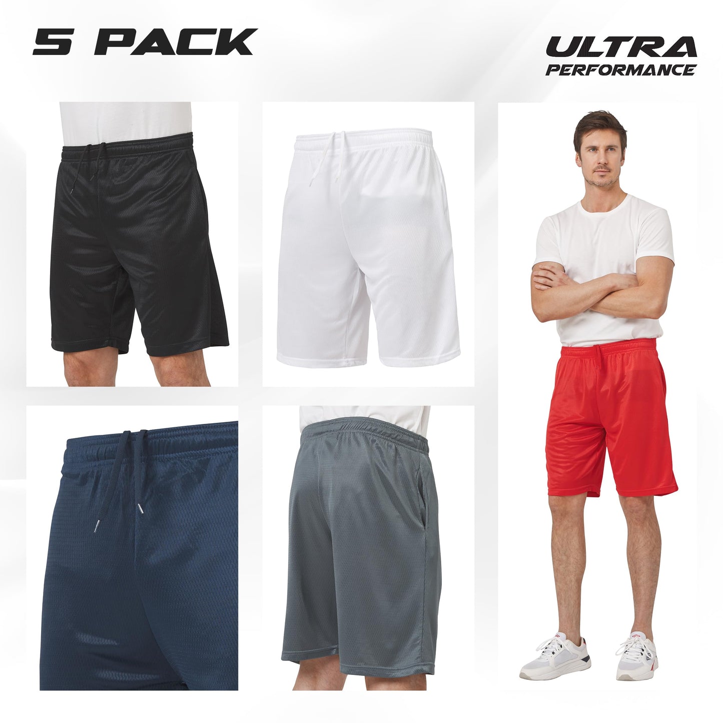Ultra Performance 5 Pack Mens Shorts, Athletic Gym Shorts Workout Basketball Shorts for Men, Large