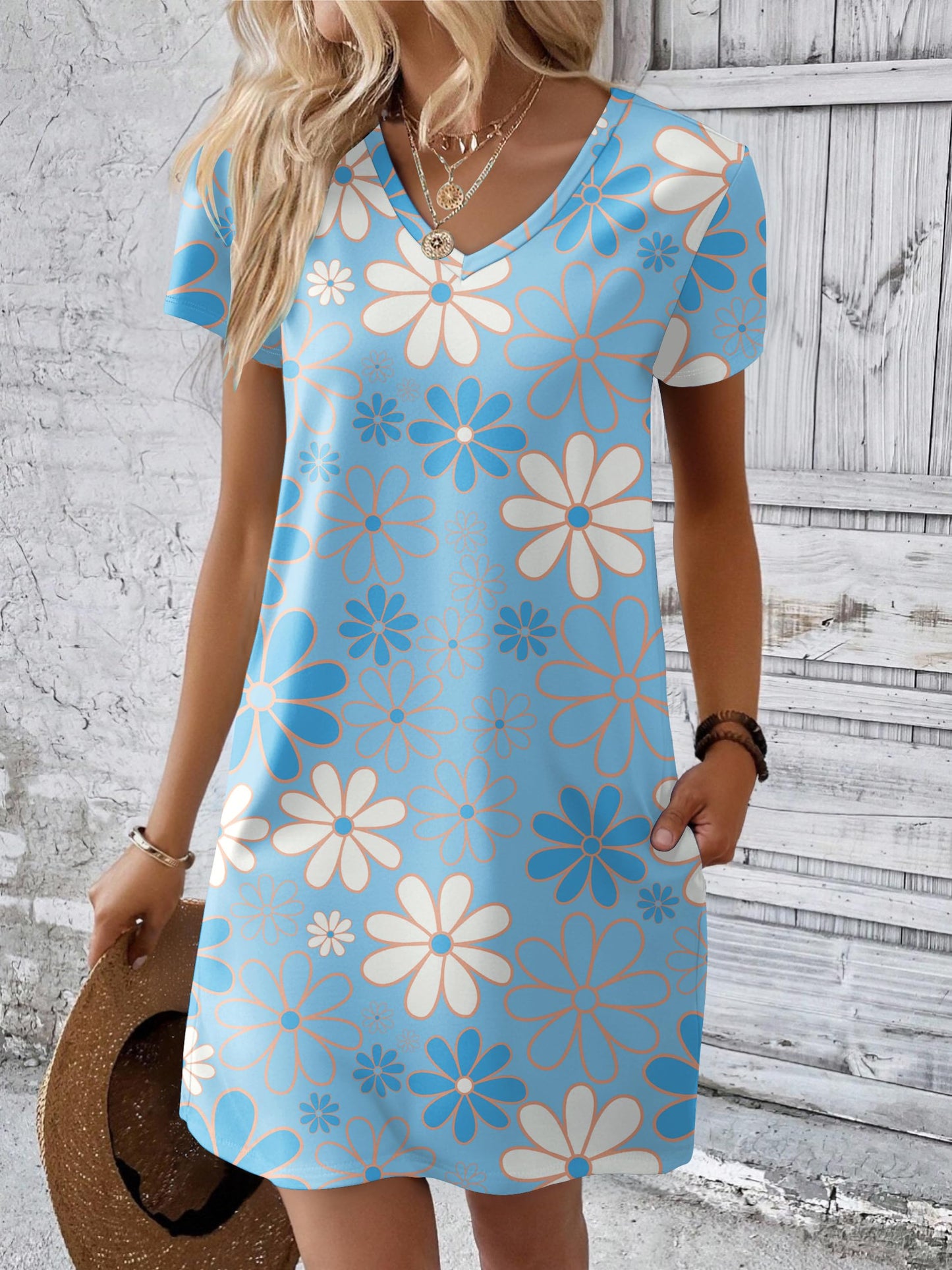 Ekouaer Cotton Nightgowns for Women Short Sleeve Womens Nightgown V Neck Sleep Shirts for Women Blue White Flower, Medium
