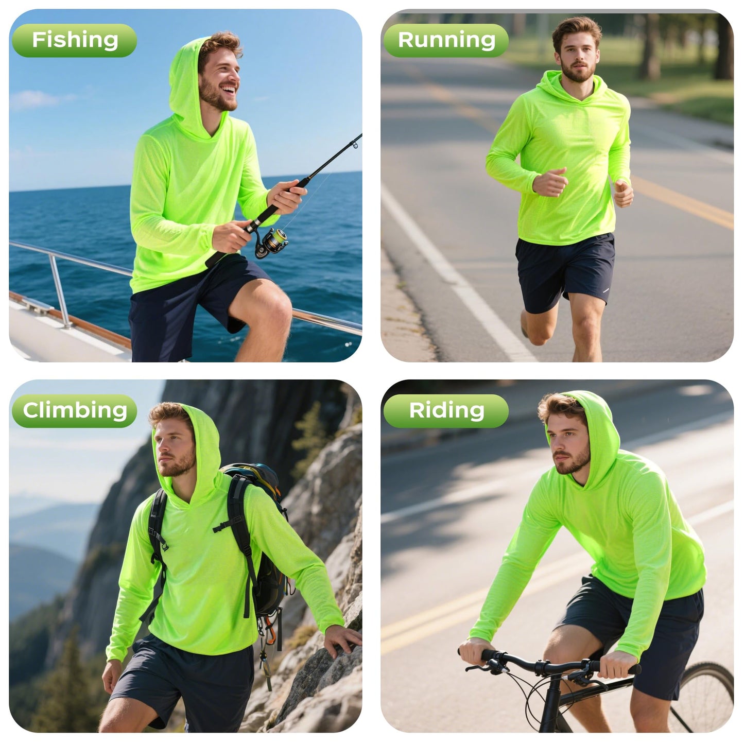 ProtectX 2-Pack Men High Visibility Lightweight Long Sleeve Hoodie, UPF 50+ Sun Protection T Shirts, SPF Outdoor UV Shirt, Neon Green - Large