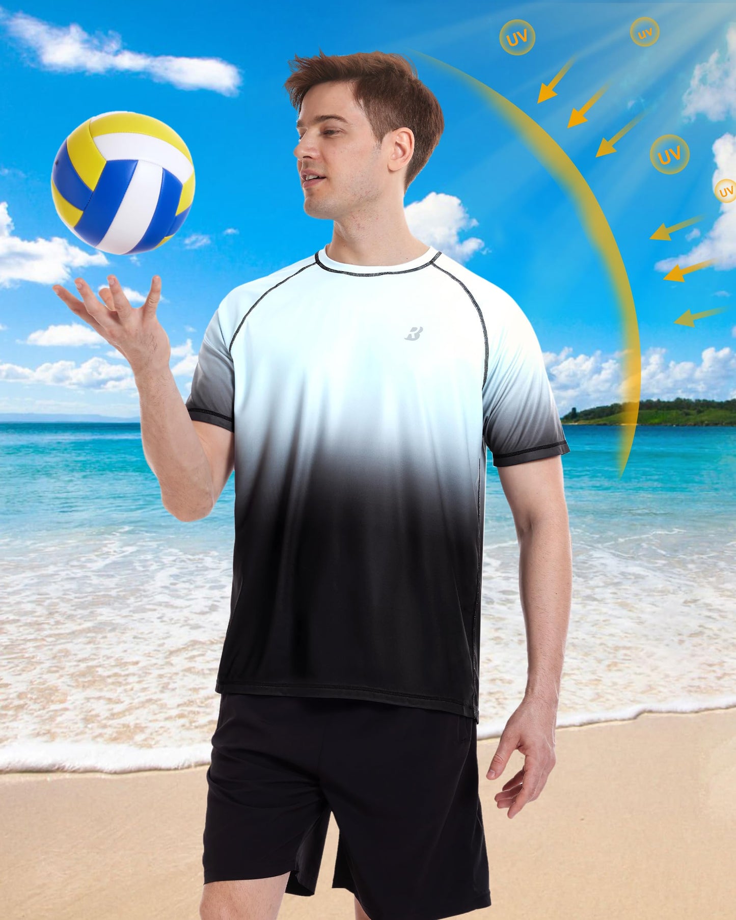 Roadbox Men's Short Sleeve Swim Rash Guard Shirts, Quick Dry UPF 50+ UV Sun Protection SPF T Shirt, Moisture Wicking Water Tee Tops for Beach Fishing Surfing (Black Gray Blue,2XL)
