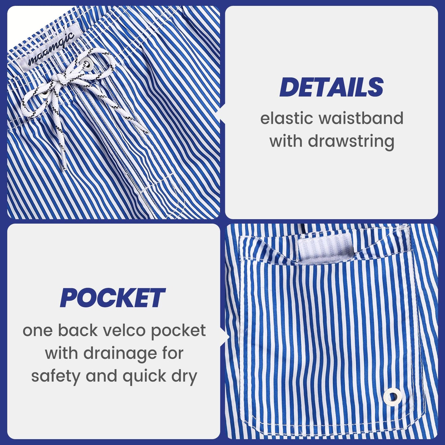 maamgic Mens Swim Trunks Quick Dry Swim Shorts with Mesh Lining Funny Swimwear Bathing Suits 7inch Blue Striped Medium