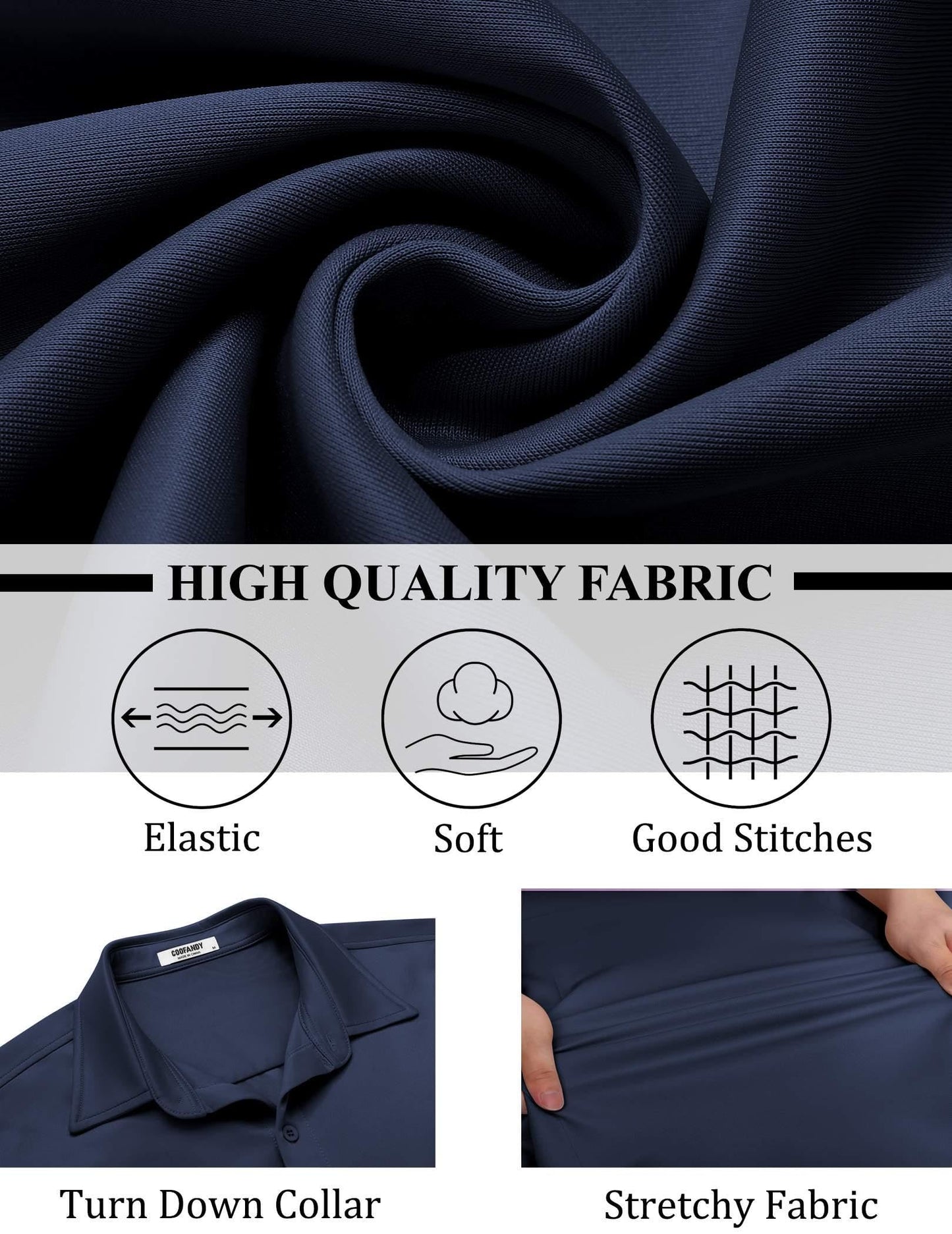 COOFANDY Mens Long Sleeve Button Down Shirts Casual Untucked Shirts Stretch Shirts Navy Blue