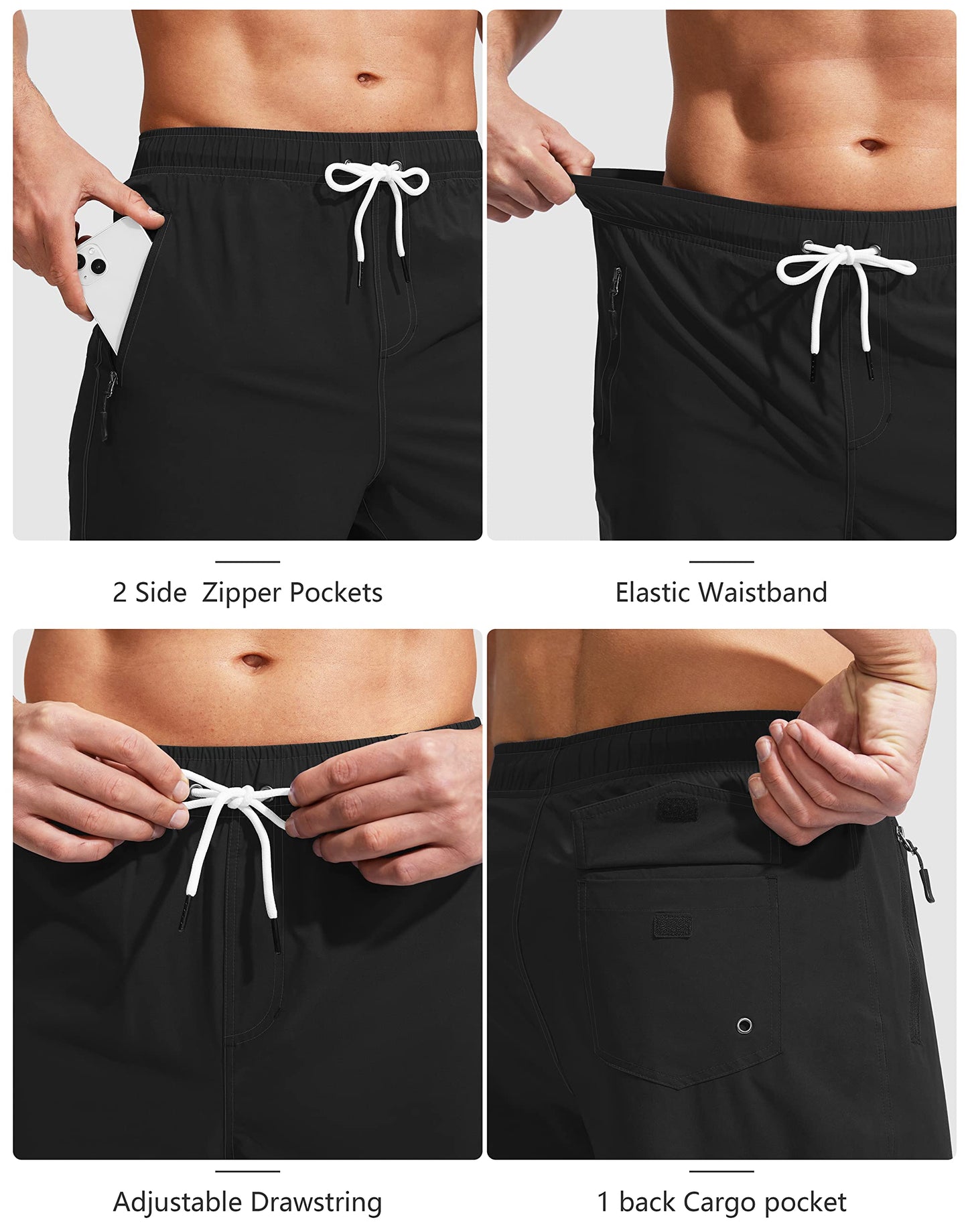 Viodia Men's Swim Trunks with Compression Liner Quick Dry Board Shorts Swimsuit Swimwear for Men with Zipper Pockets Black