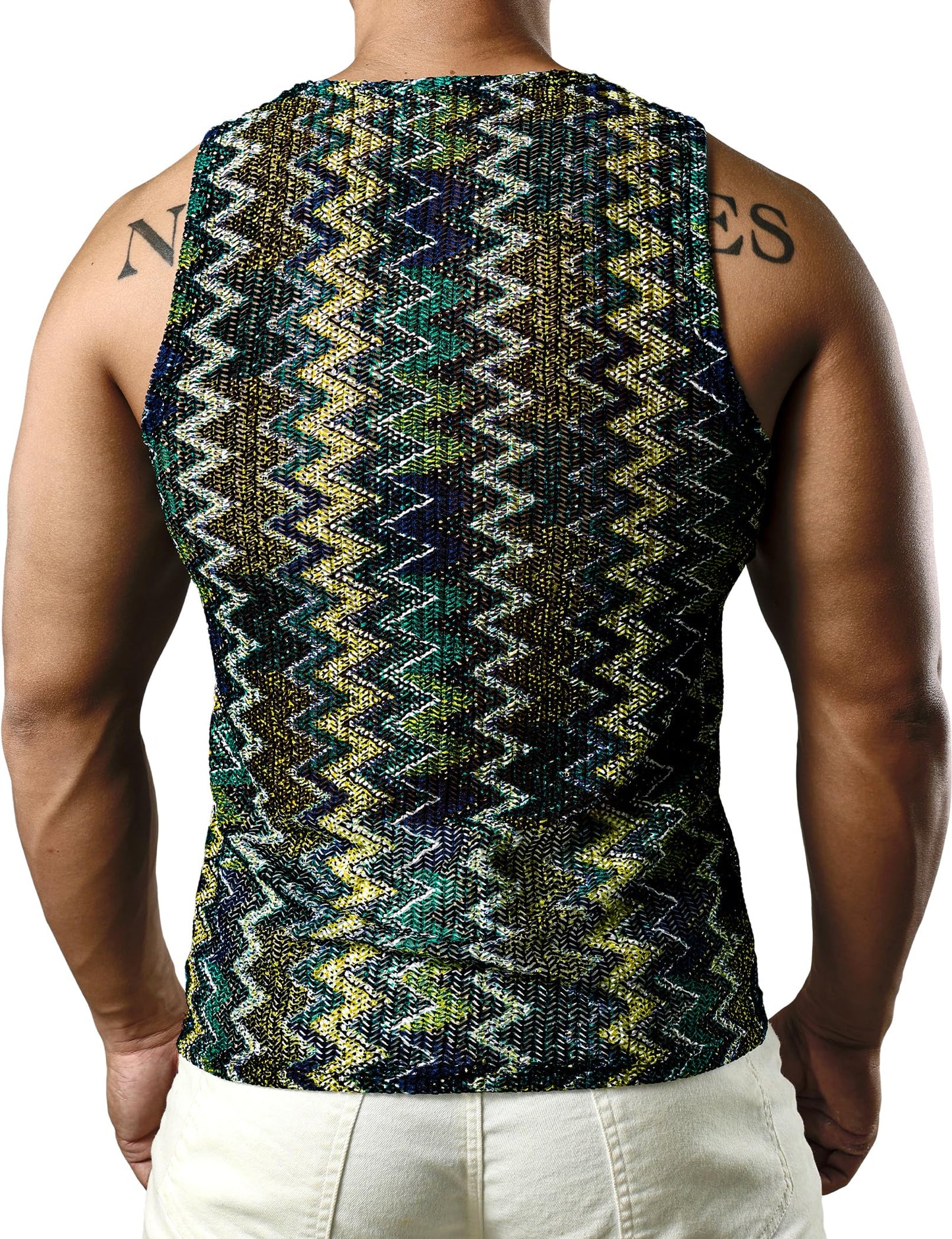 JOGAL Mens Boho Summer Tank Top Sleeveless Muscle Mesh Shirt Green Large
