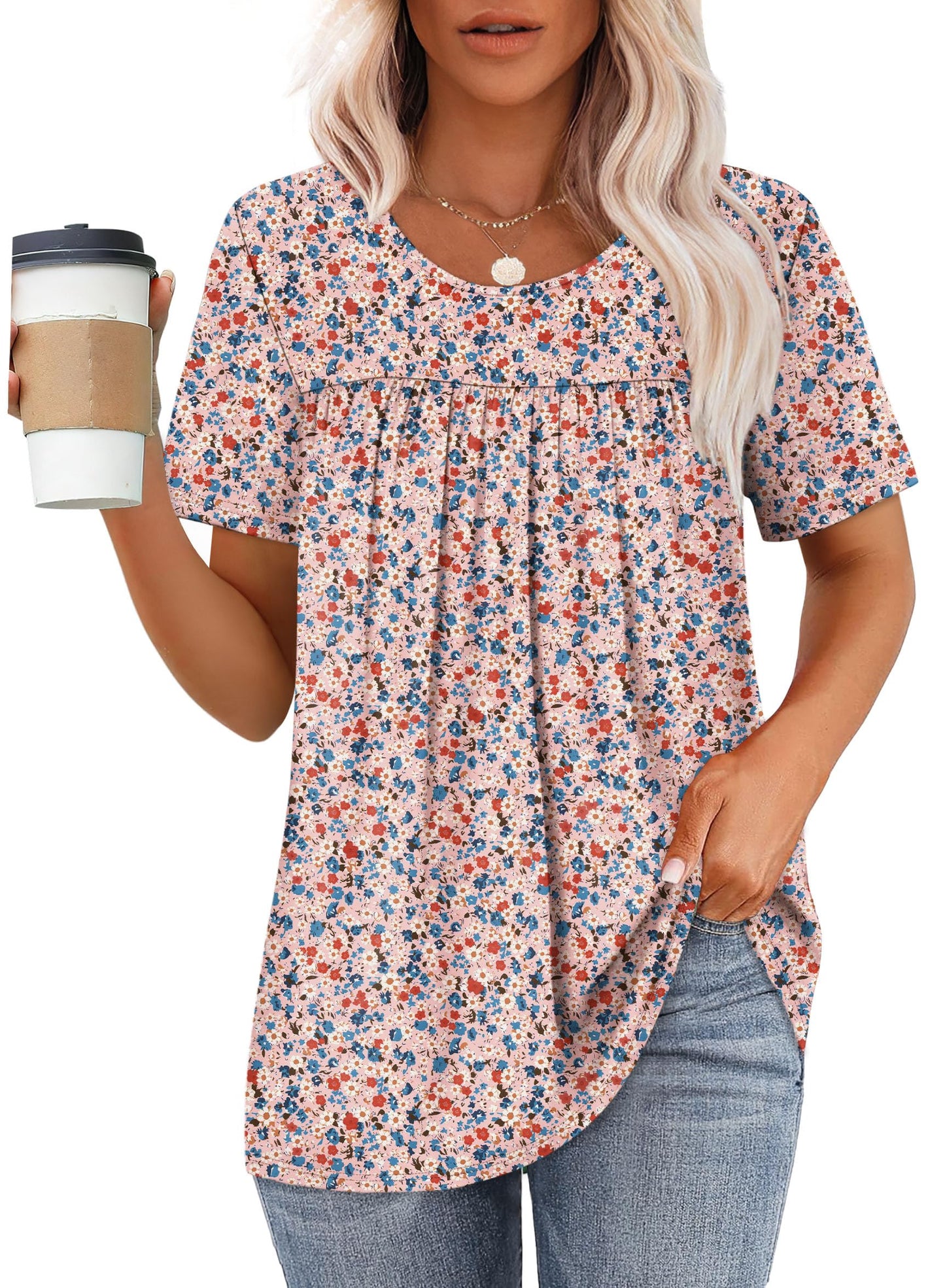 WIHOLL Plus Size Tops for Women Short Sleeve Shirts Oversized Tshirts Dressy Casual Cute Summer Tops Crew Neck Pink Beach Vacation Clothes Resort Wear 2025 Flower XXL
