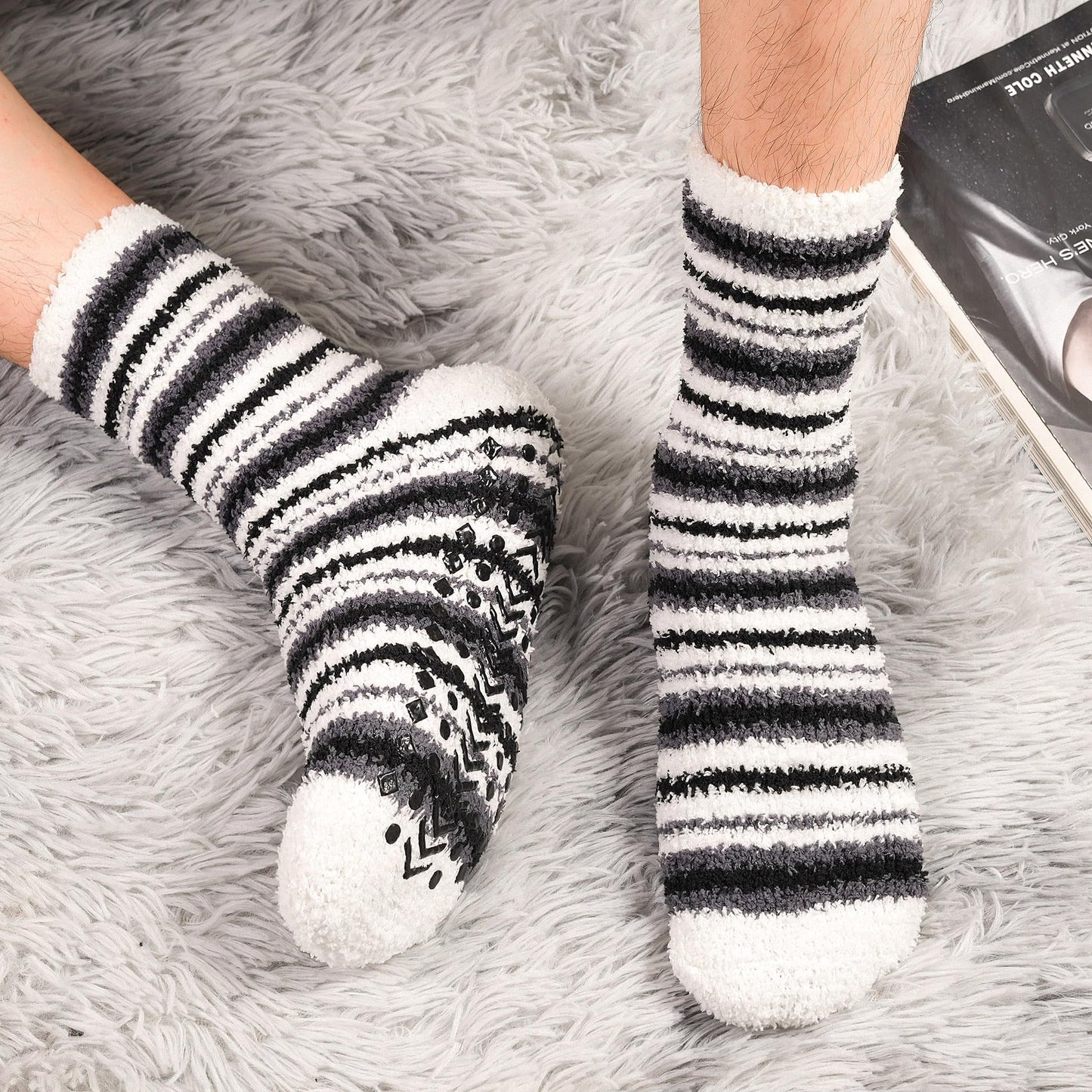 Toes Home Fuzzy Socks Men with Grips, Winter Fluffy Slipper Socks Hospital Cozy Warm Non-slip Thick 5 Pairs