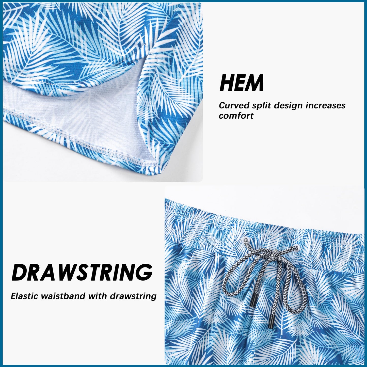 FT FENTENG Mens Swim Trunks with Compression Liner, Men Bathing Suit Men's Swimming Trunks 5.5 inch Inseam Blue Leaves Board Shorts Swimwear, 4 Way Stretch Beach Shorts Quick Dry with Zipper Pockets