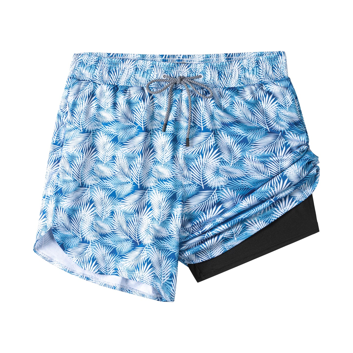 FT FENTENG Mens Swim Trunks with Compression Liner, Men Bathing Suit Men's Swimming Trunks 5.5 inch Inseam Blue Leaves Board Shorts Swimwear, 4 Way Stretch Beach Shorts Quick Dry with Zipper Pockets