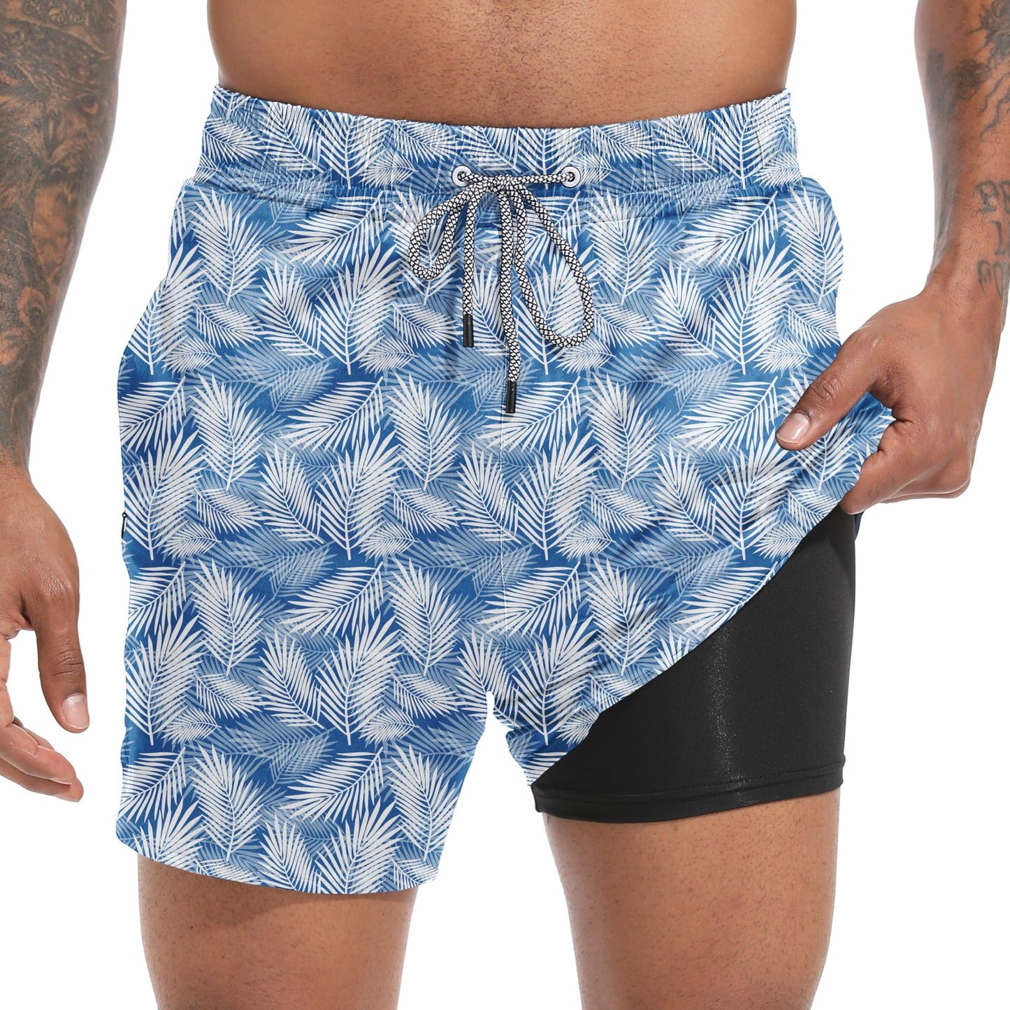 FT FENTENG Mens Swim Trunks with Compression Liner, Men Bathing Suit Men's Swimming Trunks 5.5 inch Inseam Blue Leaves Board Shorts Swimwear, 4 Way Stretch Beach Shorts Quick Dry with Zipper Pockets