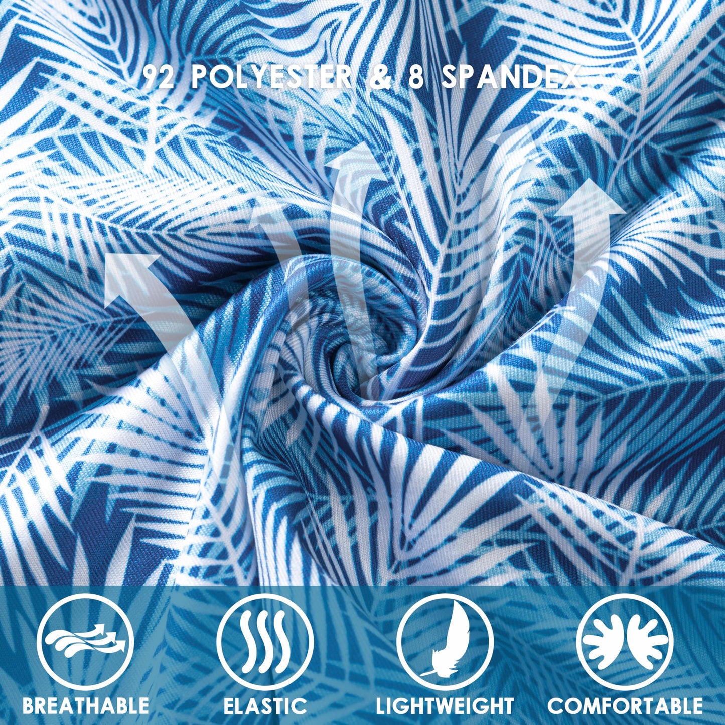 FT FENTENG Mens Swim Trunks with Compression Liner, Men Bathing Suit Men's Swimming Trunks 5.5 inch Inseam Blue Leaves Board Shorts Swimwear, 4 Way Stretch Beach Shorts Quick Dry with Zipper Pockets