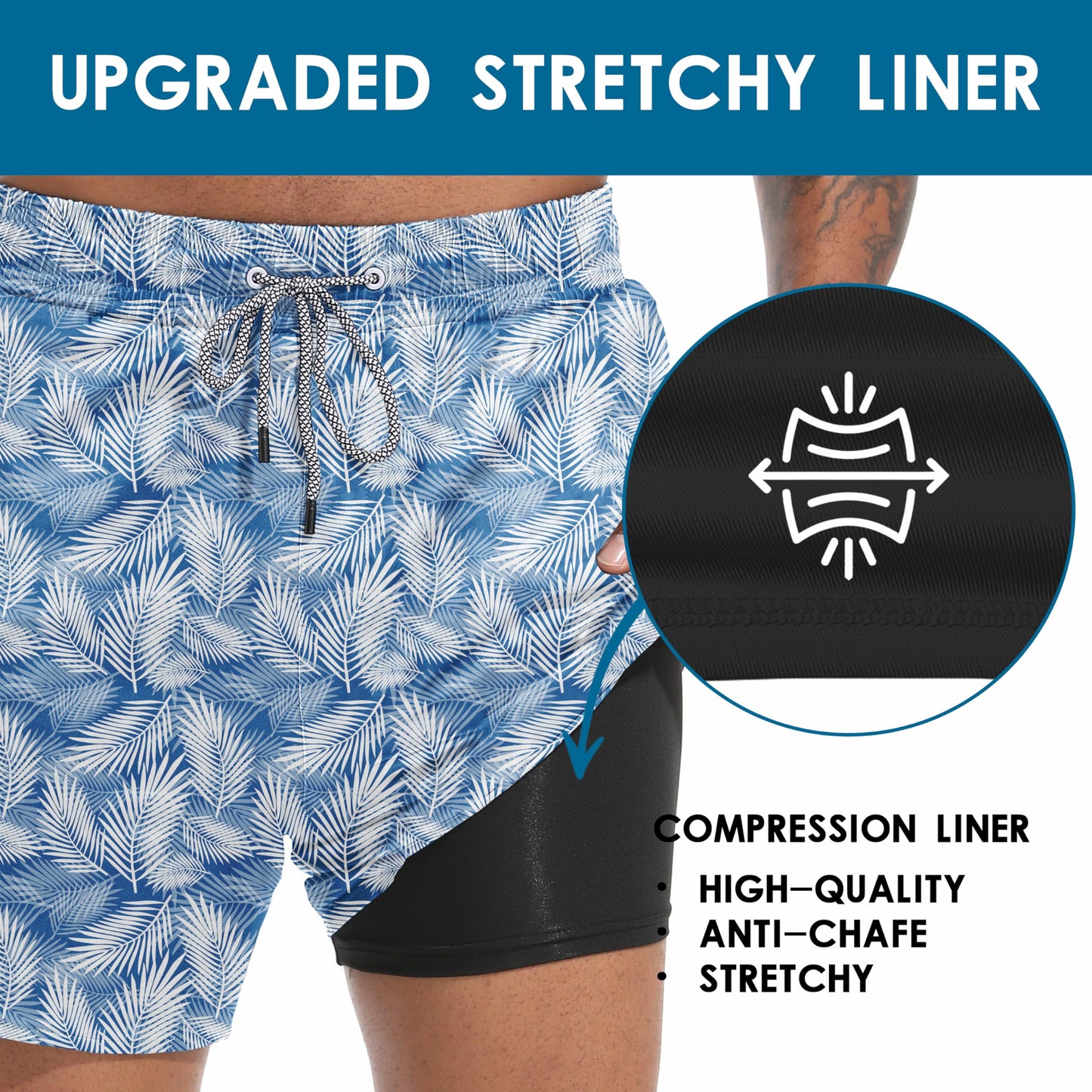 FT FENTENG Mens Swim Trunks with Compression Liner, Men Bathing Suit Men's Swimming Trunks 5.5 inch Inseam Blue Leaves Board Shorts Swimwear, 4 Way Stretch Beach Shorts Quick Dry with Zipper Pockets