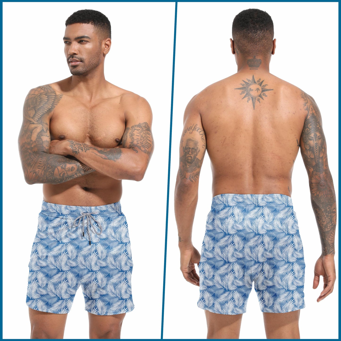 FT FENTENG Mens Swim Trunks with Compression Liner, Men Bathing Suit Men's Swimming Trunks 5.5 inch Inseam Blue Leaves Board Shorts Swimwear, 4 Way Stretch Beach Shorts Quick Dry with Zipper Pockets