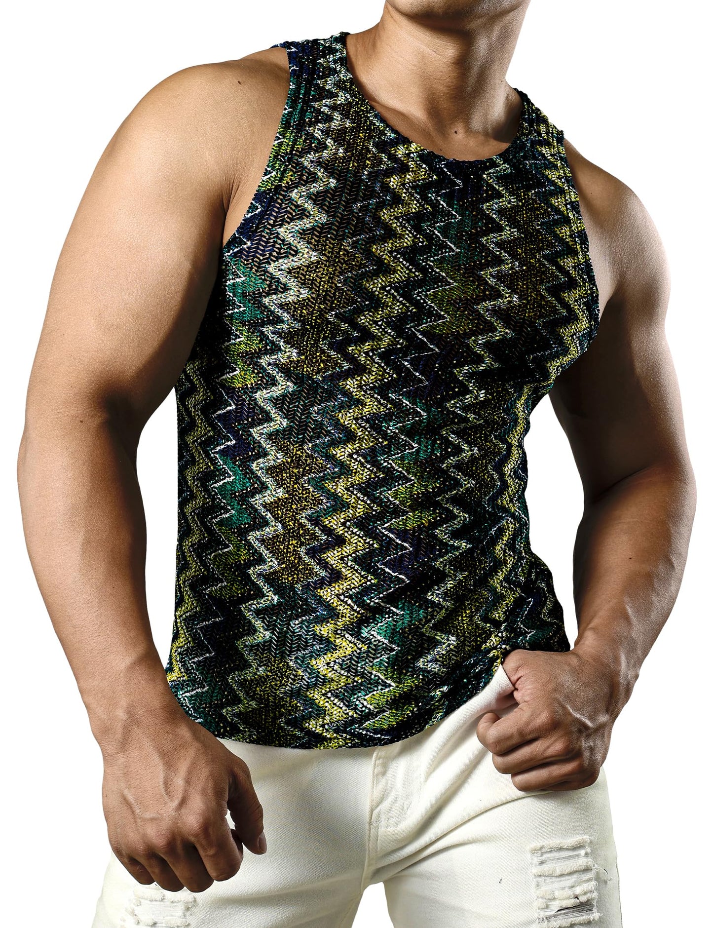 JOGAL Mens Boho Summer Tank Top Sleeveless Muscle Mesh Shirt Green Large