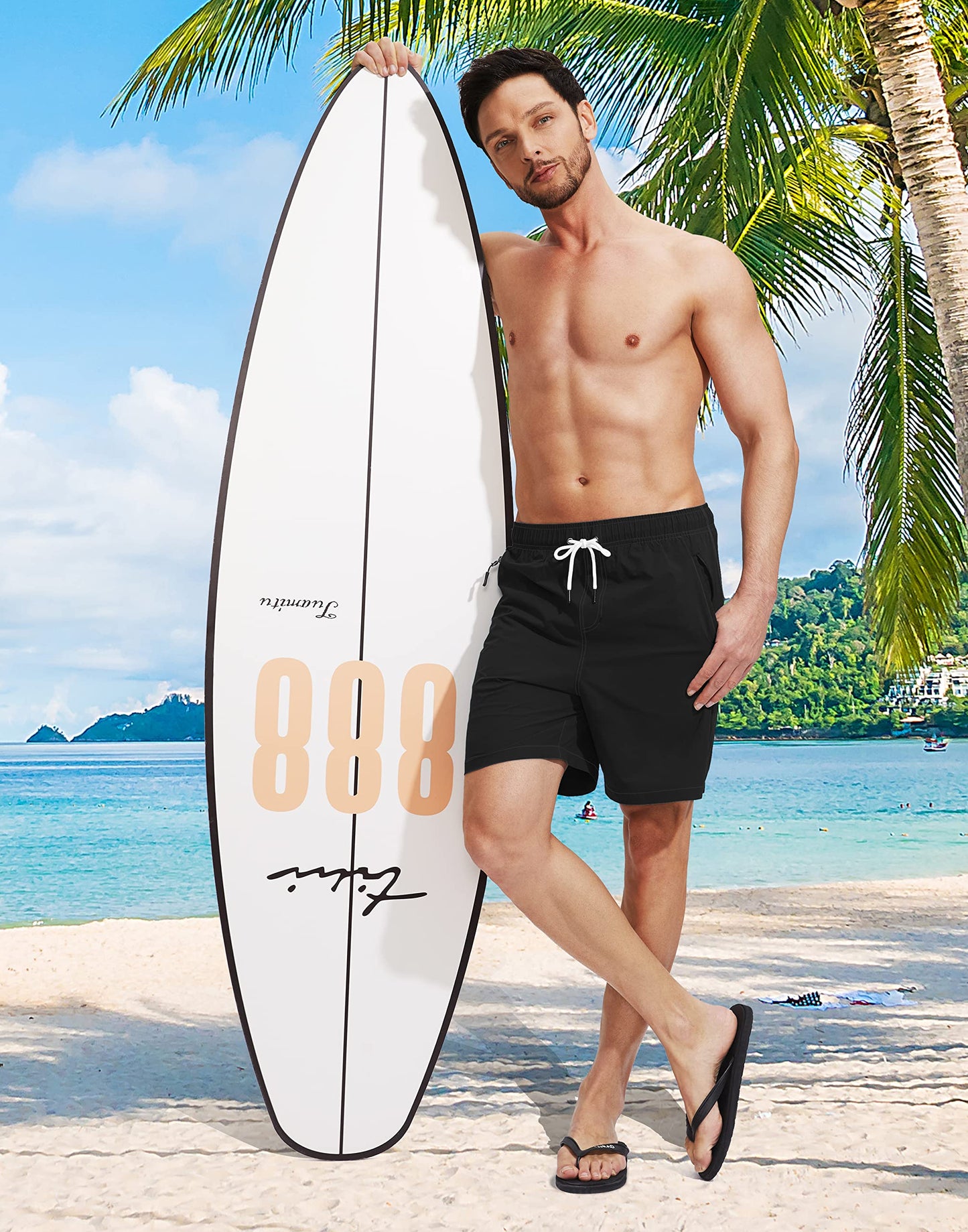 Viodia Men's Swim Trunks with Compression Liner Quick Dry Board Shorts Swimsuit Swimwear for Men with Zipper Pockets Black