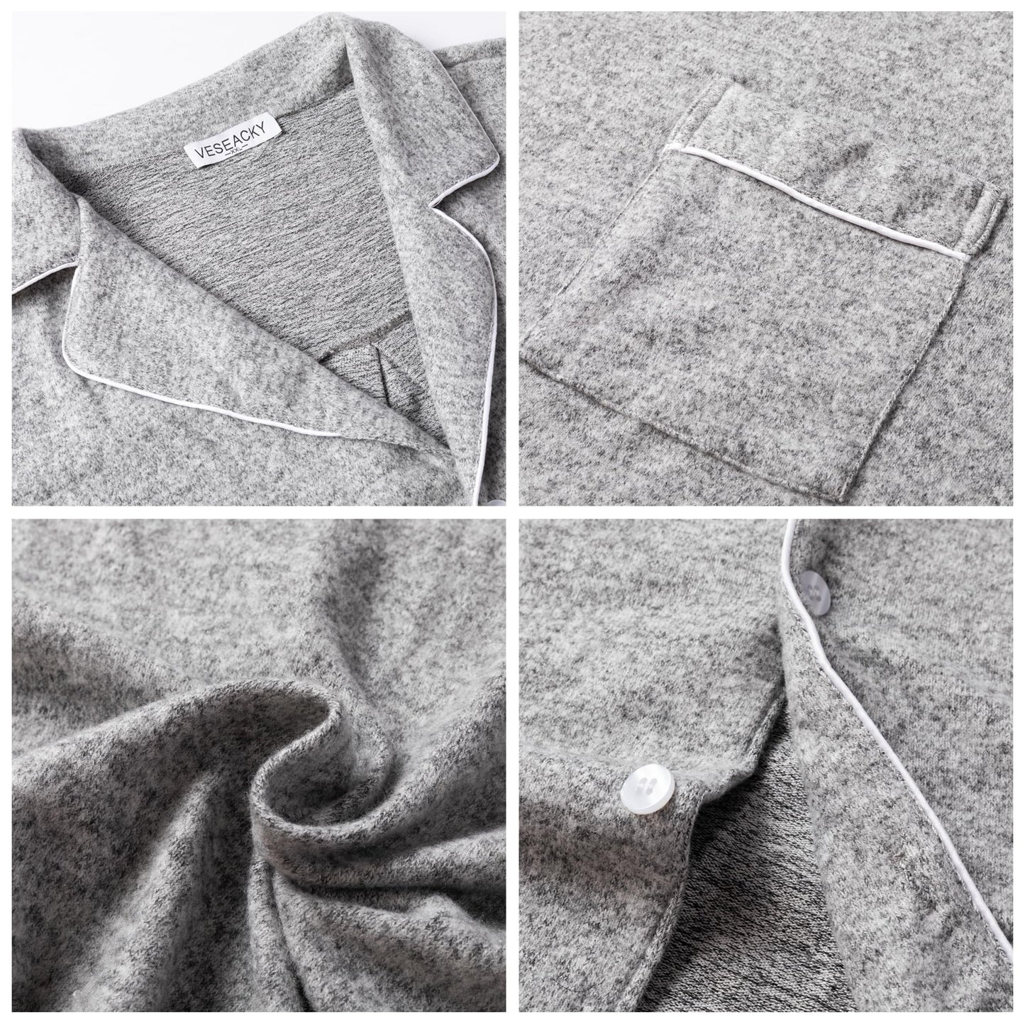Veseacky Mens Pajamas Set Flannel Long Sleeve Soft Pajamas for Men Button Down Sleepwear Nightwear Pjs Lounge Sets with Pockets (Grey,XL)