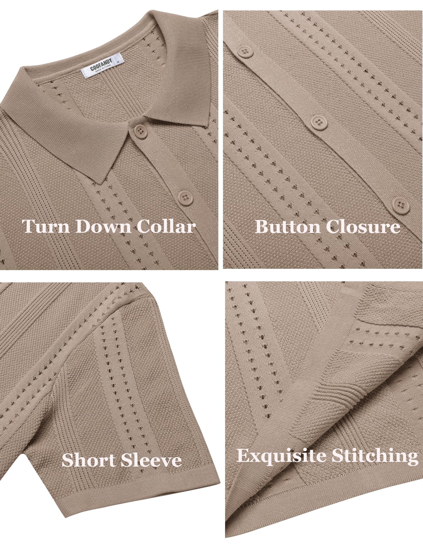 COOFANDY Men's Knit Shirts Short Sleeve Button Down Polo Shirt Fashion Casual Summer Beach Shirts, Khaki, Large