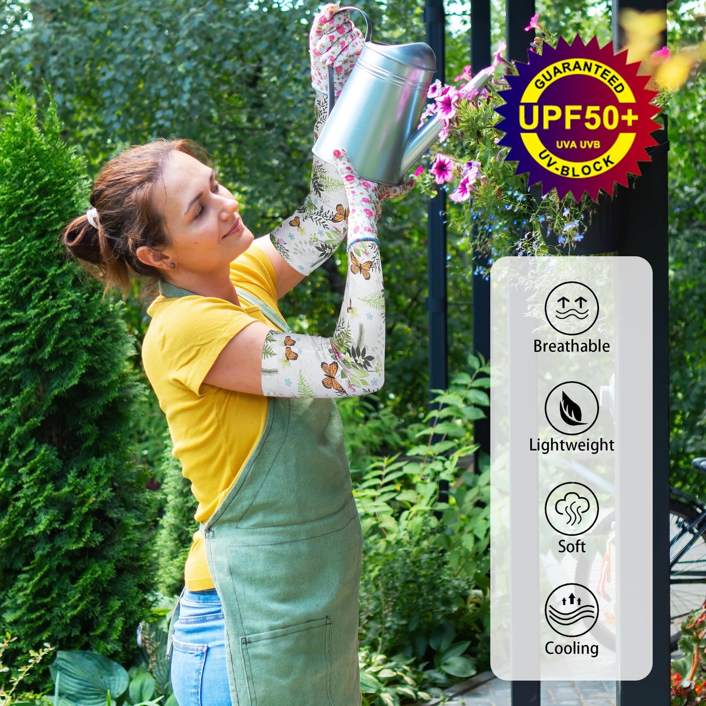 FISHEAL Sun Protection Gardening Sleeves for Women - Butterflies Cooling Outdoors UPF 50+ Arm Sleeves with Thumbholes