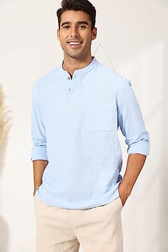 Uni Clau Men's Casual Cotton Linen Henley Shirts Long Sleeve Fashion Beach Shirt with Pocket Light Blue M