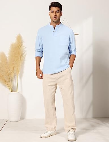 Uni Clau Men's Casual Cotton Linen Henley Shirts Long Sleeve Fashion Beach Shirt with Pocket Light Blue M