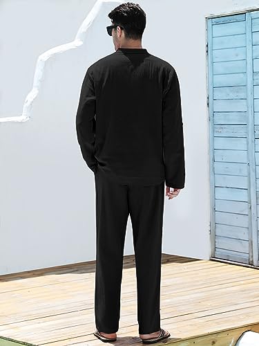HANXMEN Men's 2 Pieces Cotton Linen Sets Henley Shirt Long Sleeve Beach Outfits and Casual Pants Suits with Pockets 3XL Black