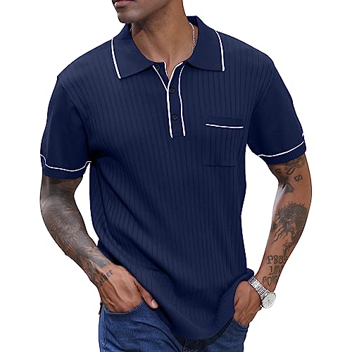 Men's Knit Polo Shirts Casual Short Sleeve Lightweight Ribbed Golf Shirts Texture Tops with Pocket Navy Blue 3XL